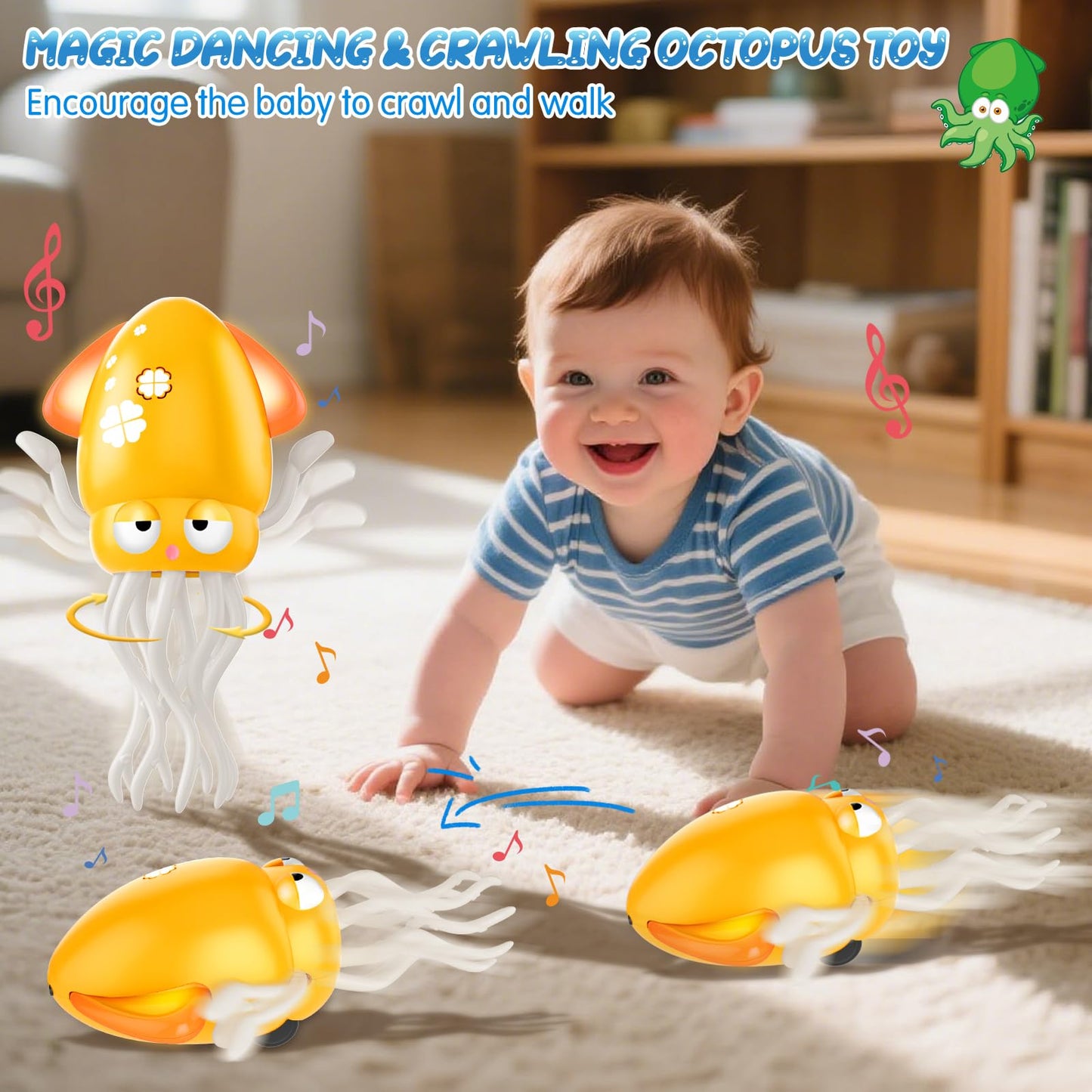 AOTIBO Baby Dancing Octopus Toy – Electric Crawling Octopus for 1-5 Year Olds, Yellow