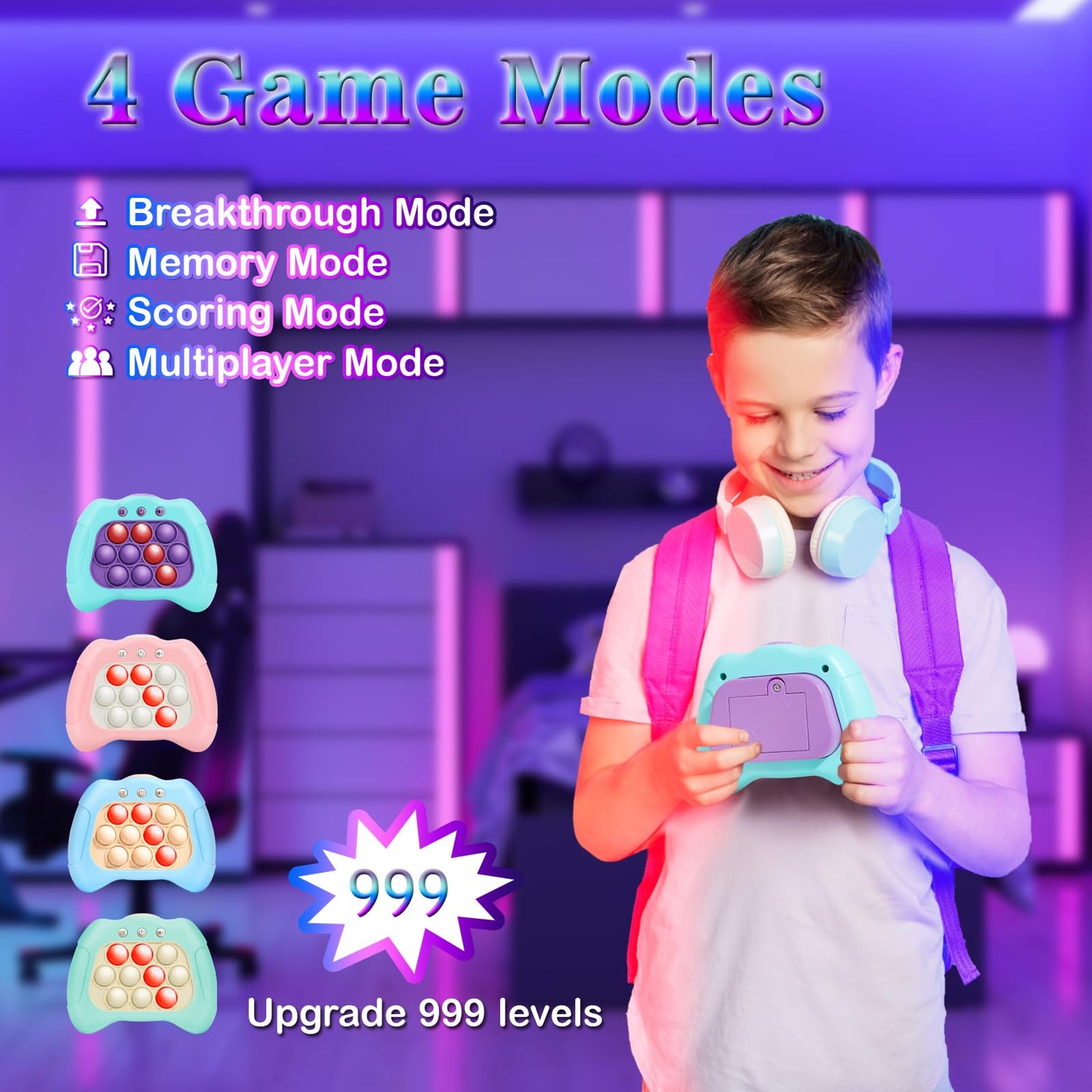 AOTIBO Fast Push Machine Light Up Fidget Toy — Handheld Bubble Pop Game for Kids & Adults (Blue)