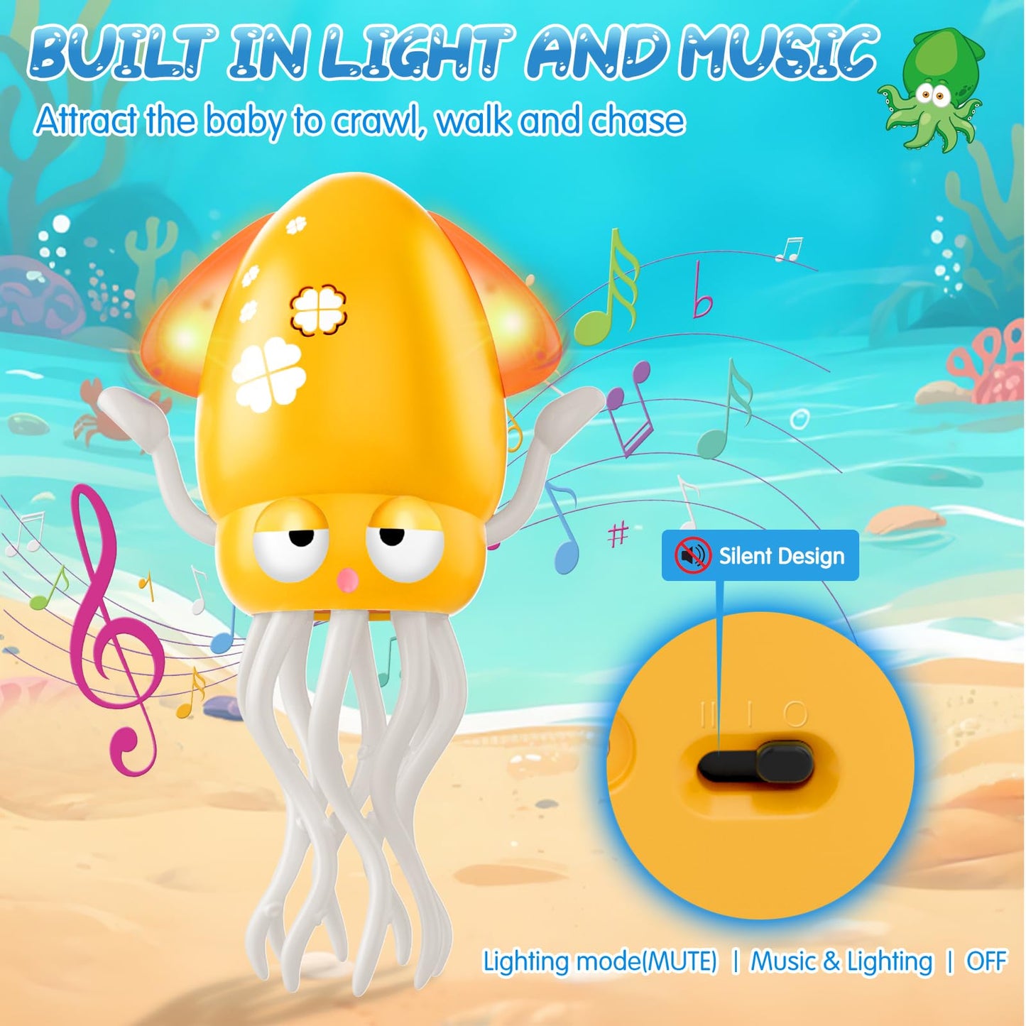 AOTIBO Baby Dancing Octopus Toy – Electric Crawling Octopus for 1-5 Year Olds, Yellow