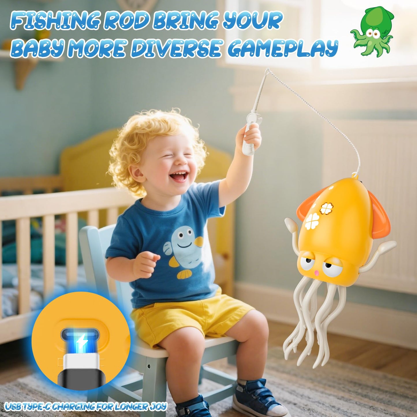 AOTIBO Baby Dancing Octopus Toy – Electric Crawling Octopus for 1-5 Year Olds, Yellow
