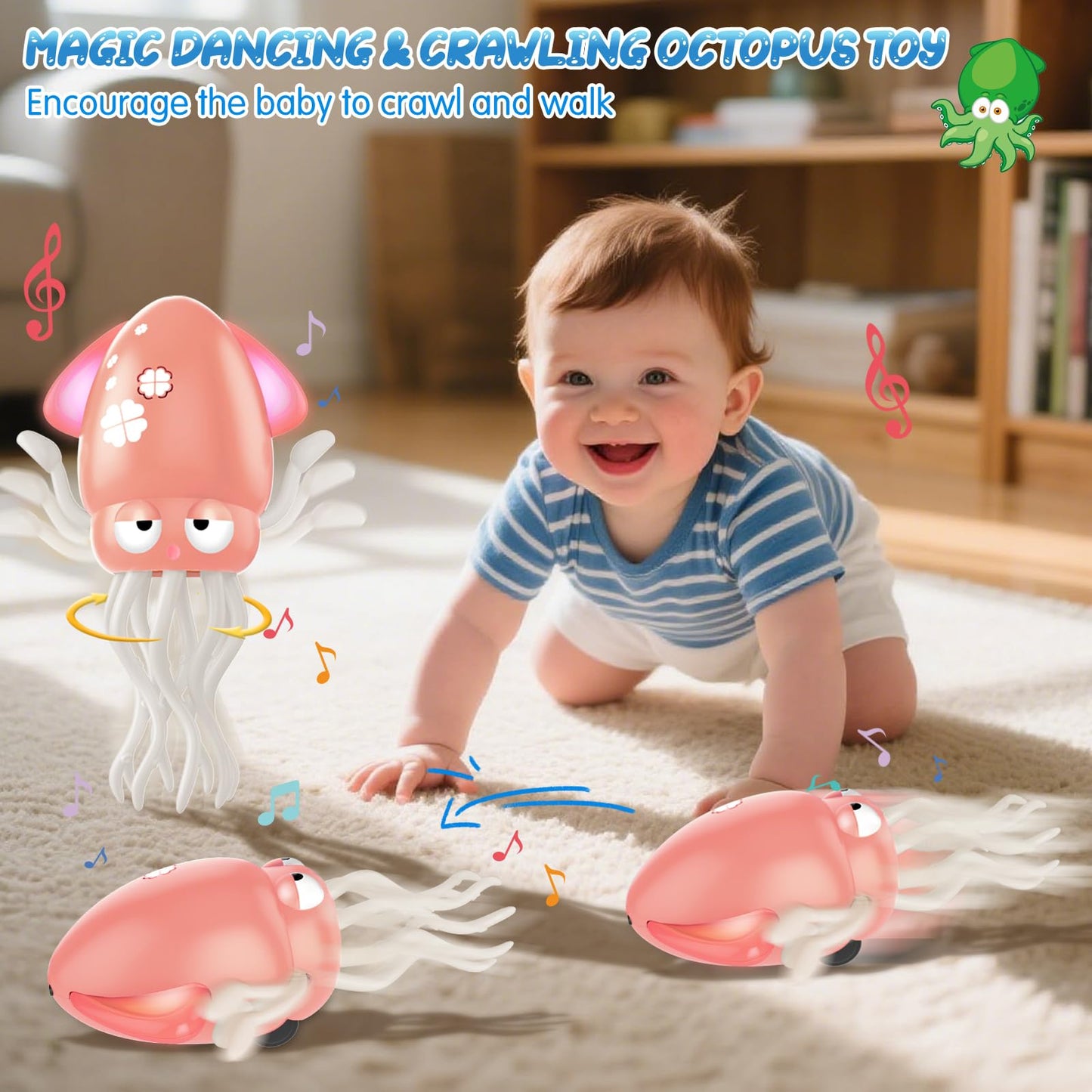 AOTIBO Baby Dancing Octopus Toy – Pink Interactive Crawling Octopus for Toddlers, 12–60 Months