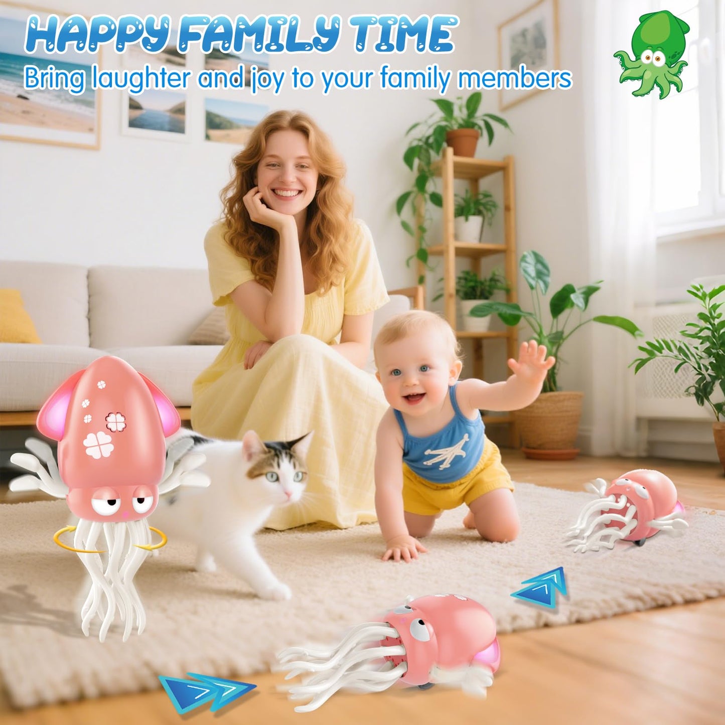 AOTIBO Baby Dancing Octopus Toy – Pink Interactive Crawling Octopus for Toddlers, 12–60 Months