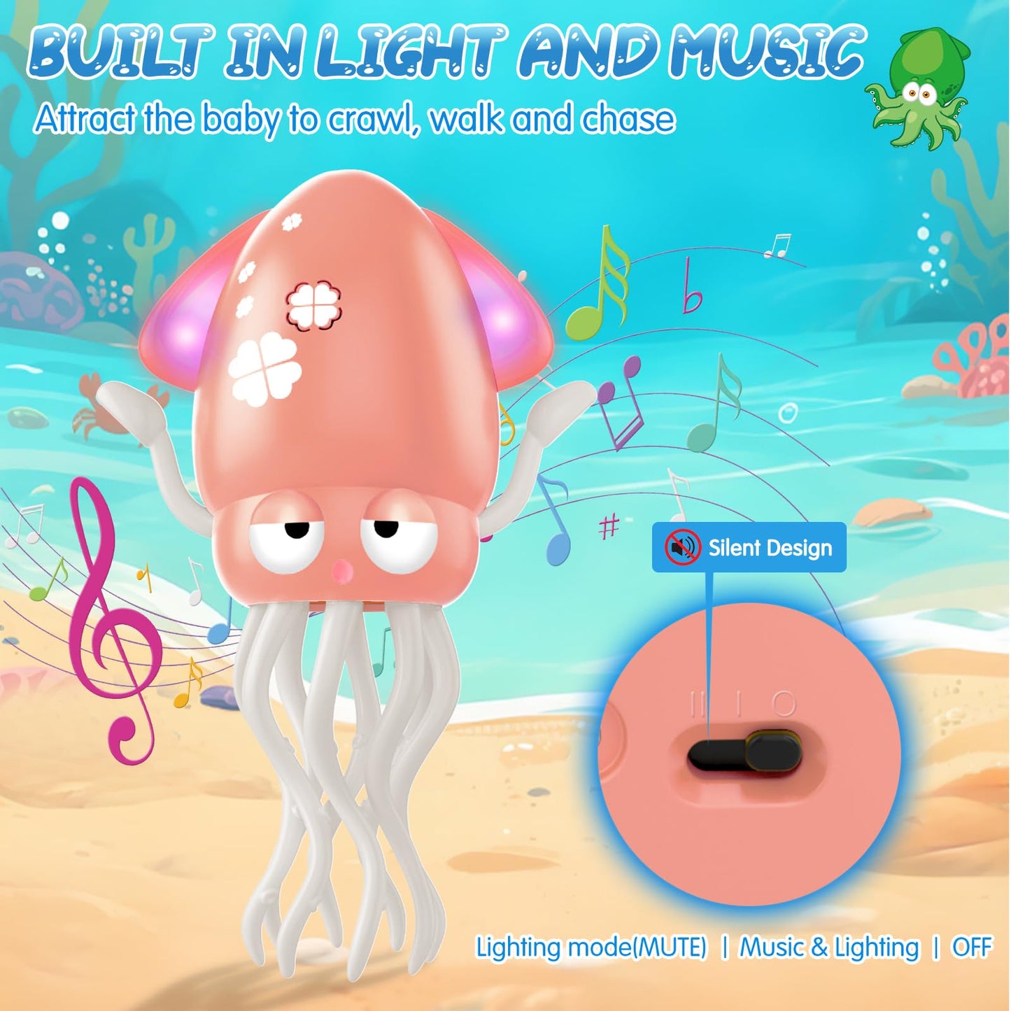 AOTIBO Baby Dancing Octopus Toy – Pink Interactive Crawling Octopus for Toddlers, 12–60 Months