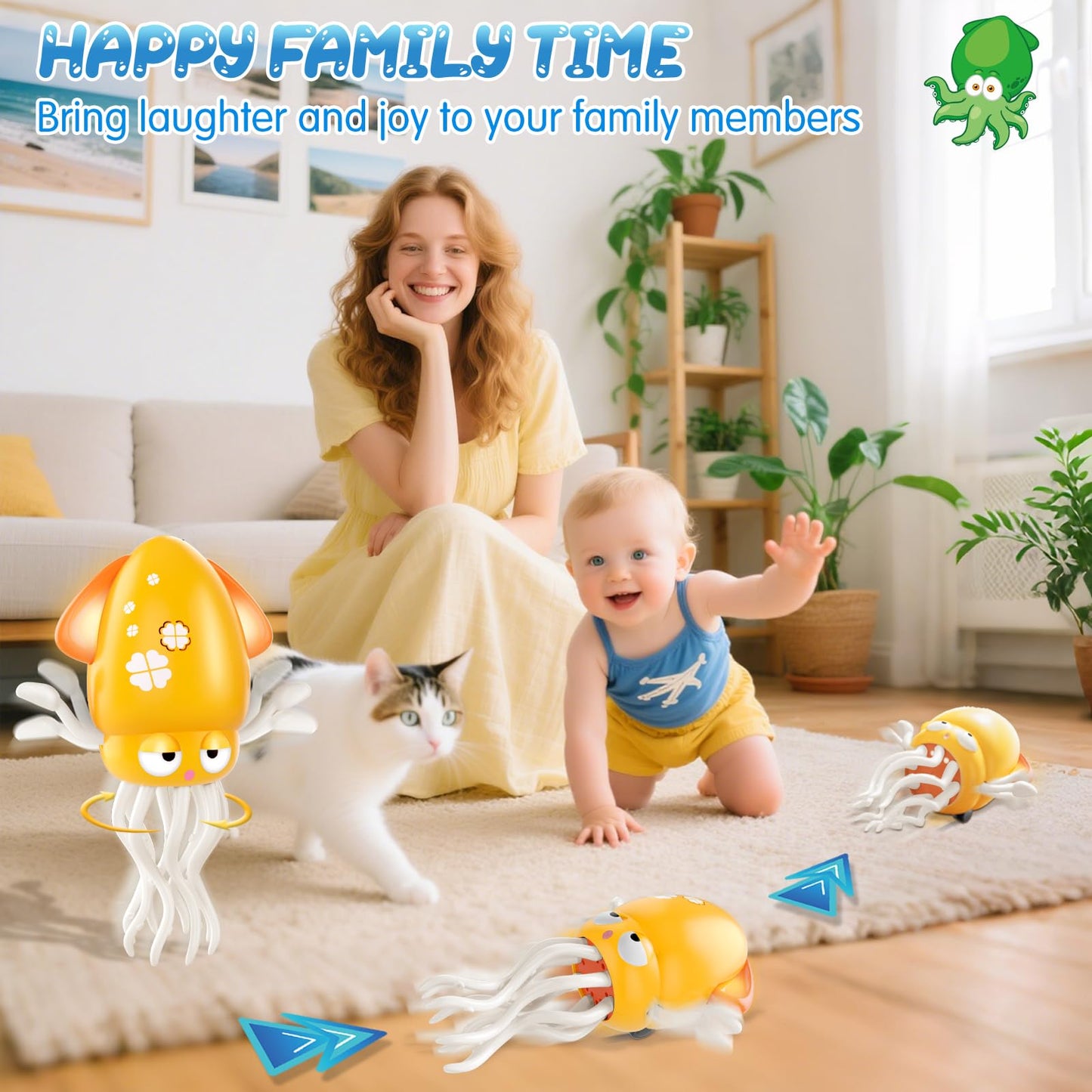 AOTIBO Baby Dancing Octopus Toy – Electric Crawling Octopus for 1-5 Year Olds, Yellow