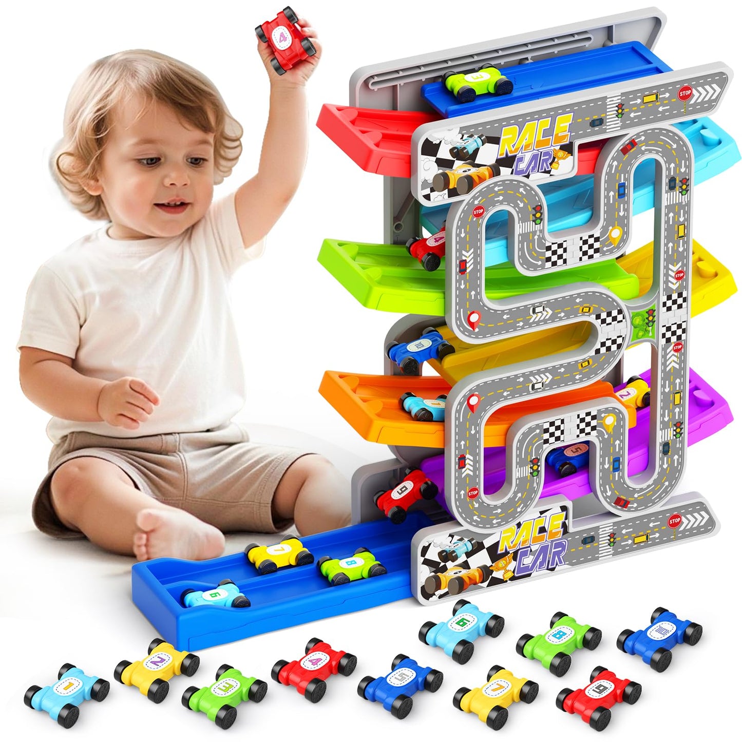 aotipol Double Track Car Ramp Toy for Toddlers 2-3 Years | Montessori Race Set with 10 Mini Cars