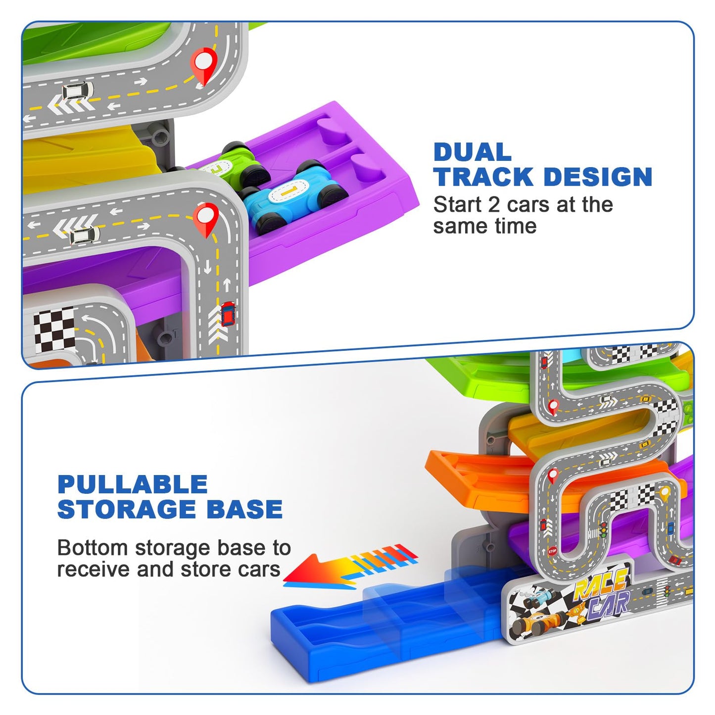 aotipol Double Track Car Ramp Toy for Toddlers 2-3 Years | Montessori Race Set with 10 Mini Cars