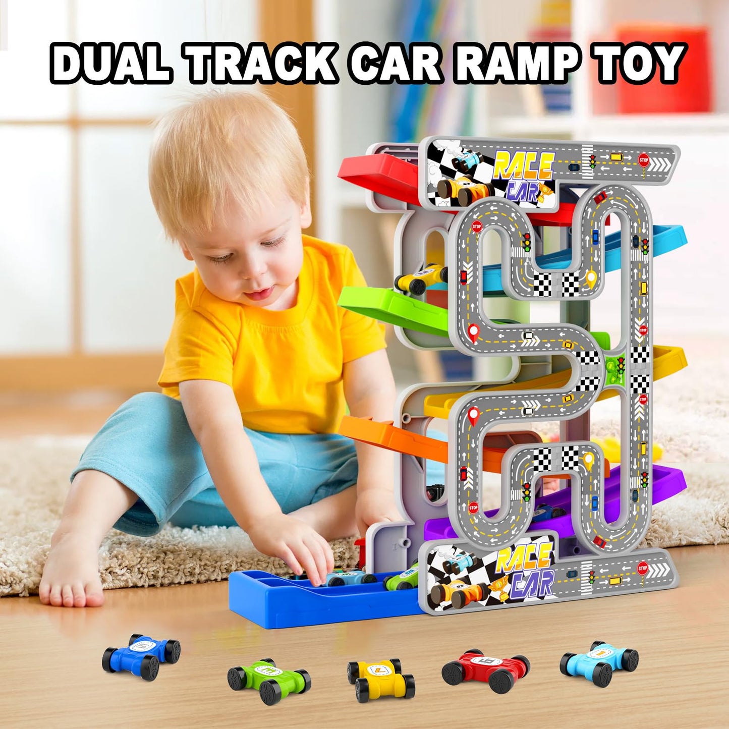 aotipol Double Track Car Ramp Toy for Toddlers 2-3 Years | Montessori Race Set with 10 Mini Cars