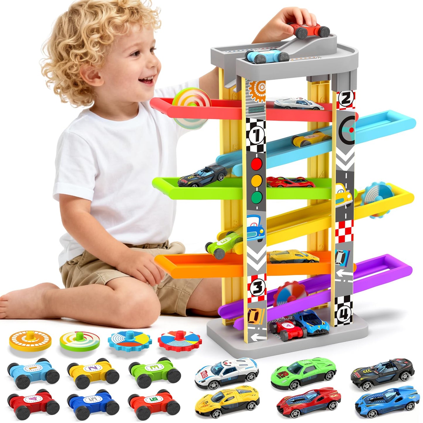 Aotipol Montessori Car Ramp Toy Kit — 12 Cars, 4 Spinning Tops, 2 Parking Lots (Ages 18+ Months)