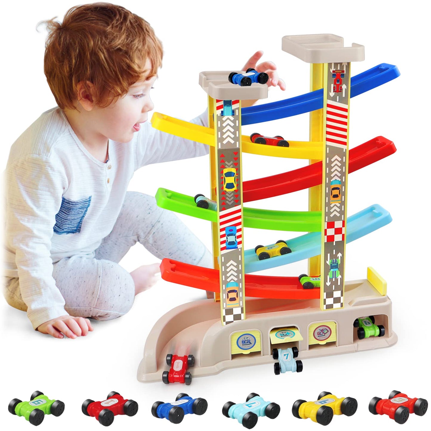 Montessori Car Ramp Toy for Toddlers | Aotipol Race Track with 6 Cars & 2 Parking Lots