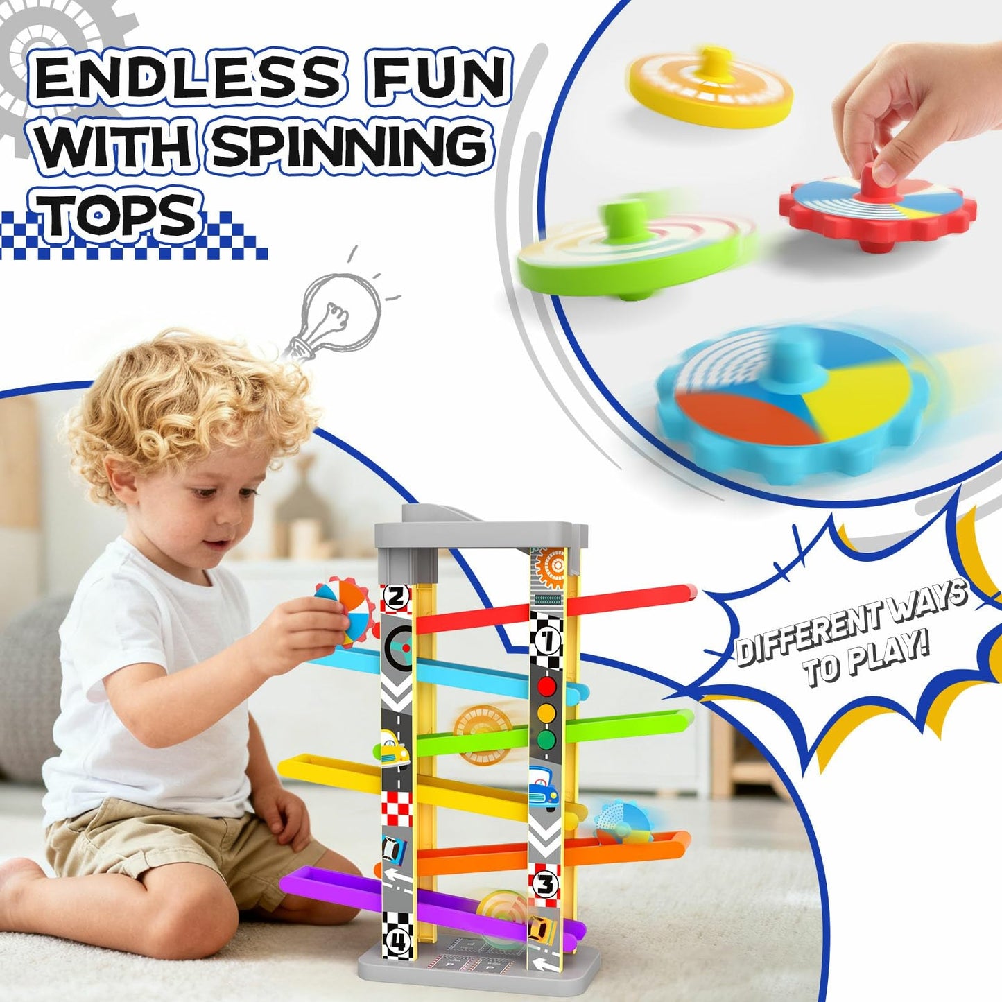Aotipol Montessori Car Ramp Toy Kit — 12 Cars, 4 Spinning Tops, 2 Parking Lots (Ages 18+ Months)
