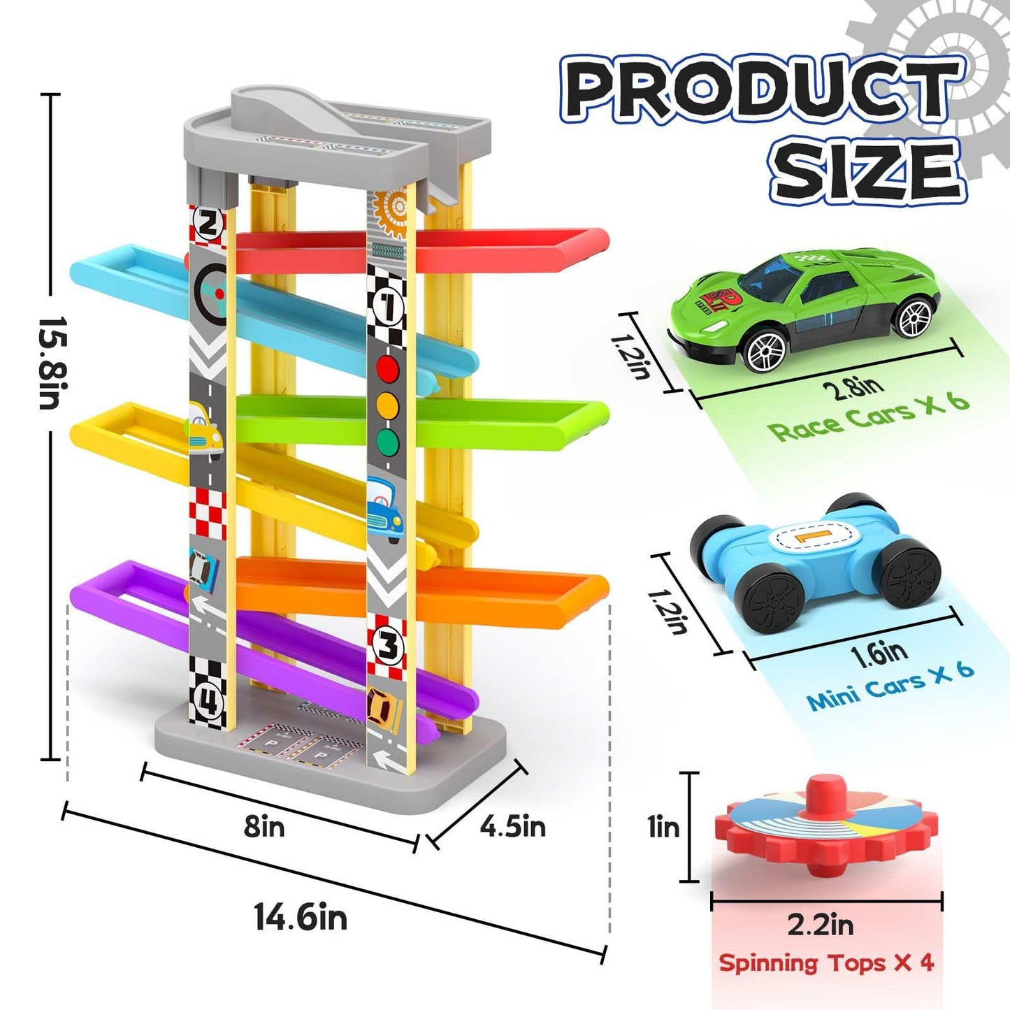 Aotipol Montessori Car Ramp Toy Kit — 12 Cars, 4 Spinning Tops, 2 Parking Lots (Ages 18+ Months)