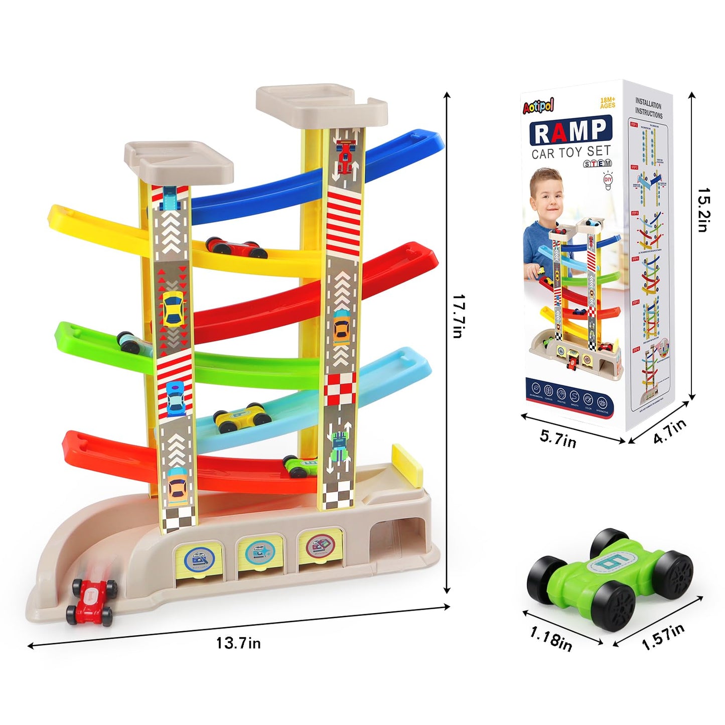 Montessori Car Ramp Toy for Toddlers | Aotipol Race Track with 6 Cars & 2 Parking Lots
