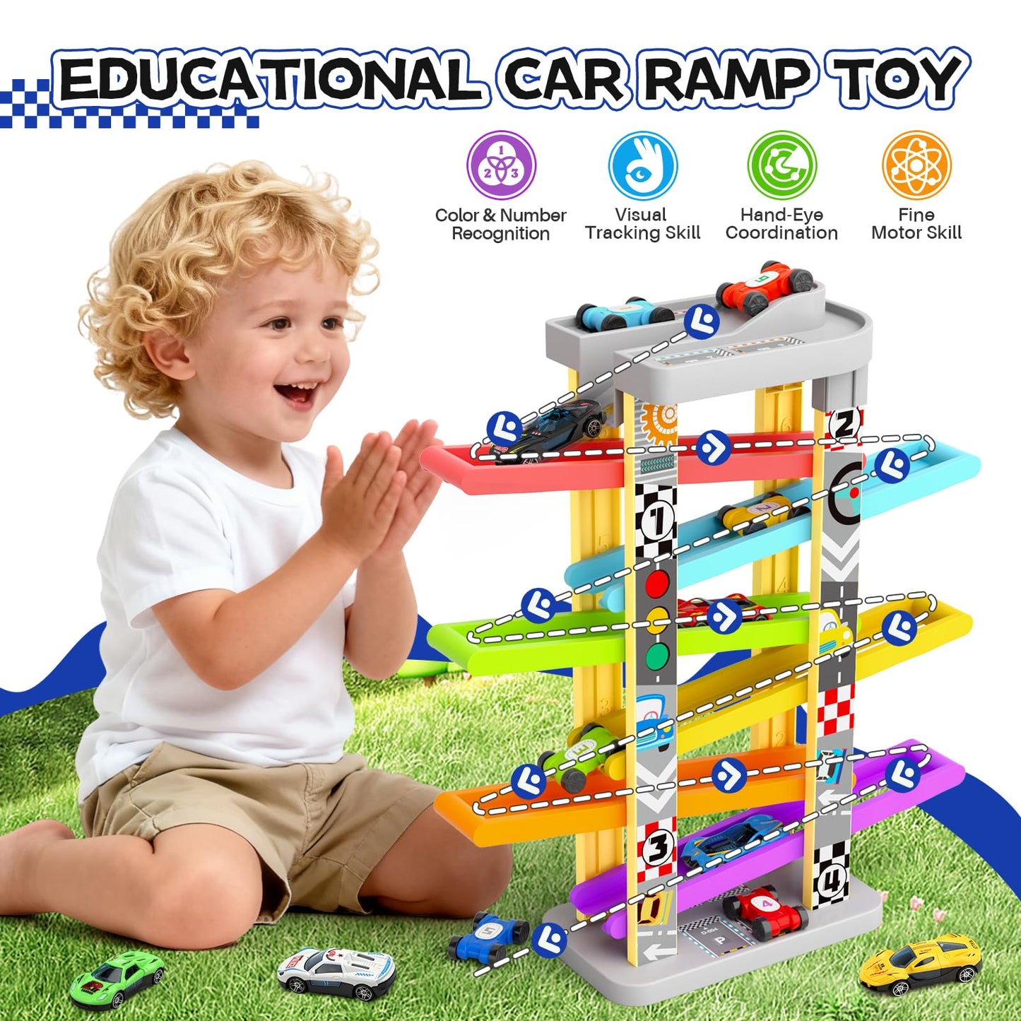 Aotipol Montessori Car Ramp Toy Kit — 12 Cars, 4 Spinning Tops, 2 Parking Lots (Ages 18+ Months)