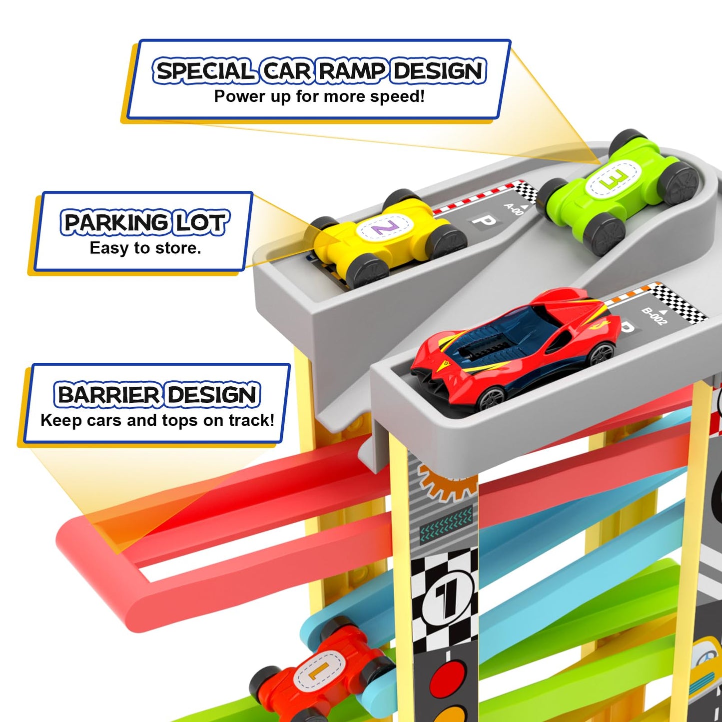 Aotipol Montessori Car Ramp Toy Kit — 12 Cars, 4 Spinning Tops, 2 Parking Lots (Ages 18+ Months)