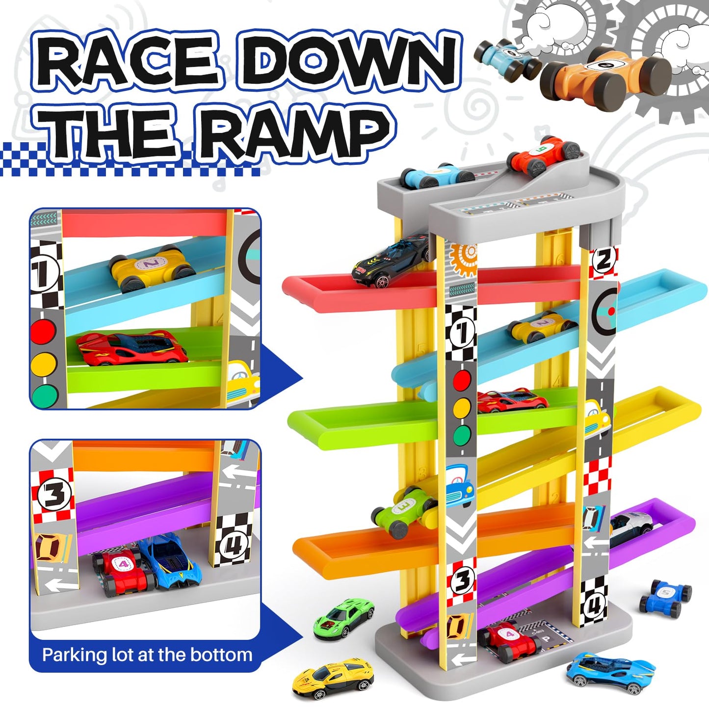 Aotipol Montessori Car Ramp Toy Kit — 12 Cars, 4 Spinning Tops, 2 Parking Lots (Ages 18+ Months)