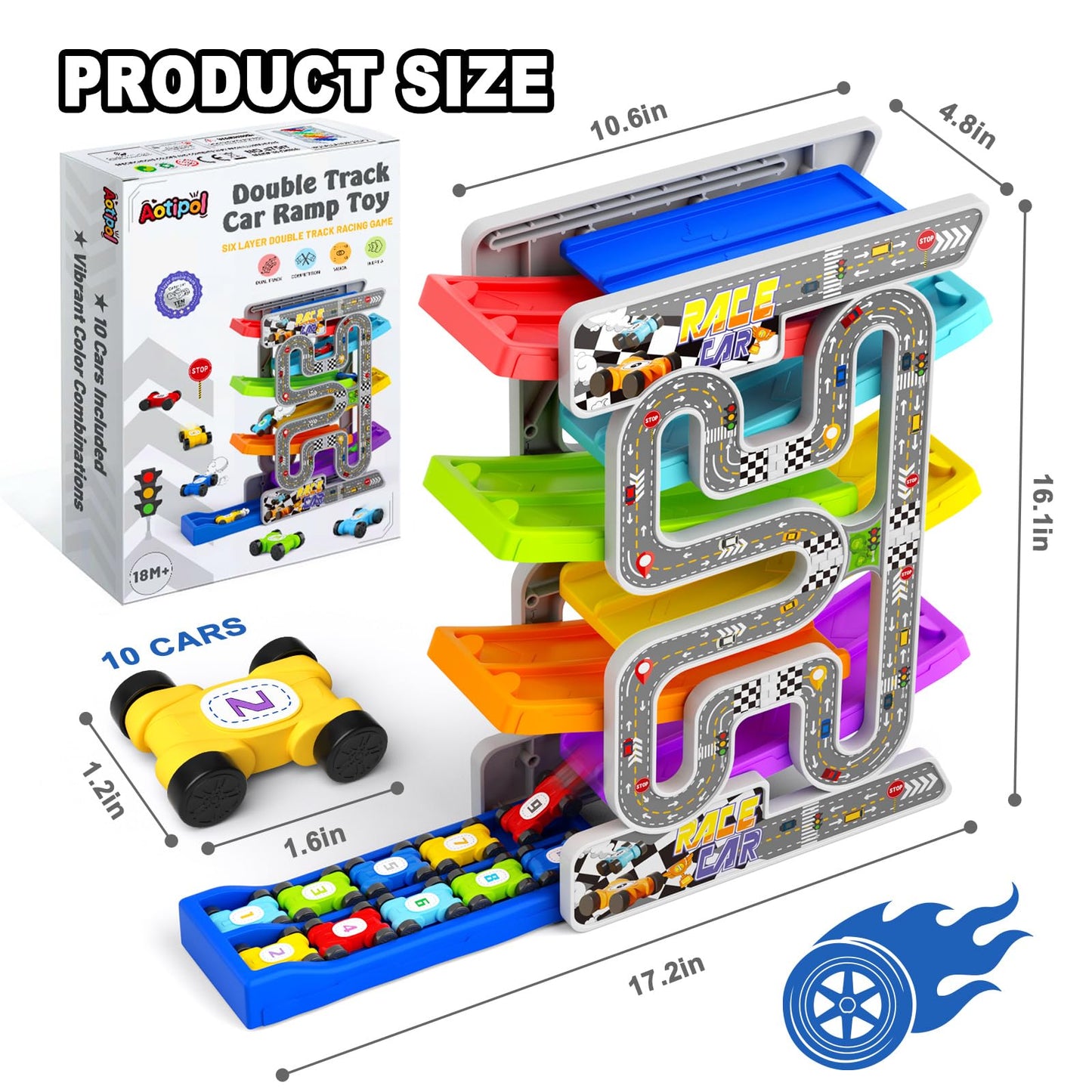 aotipol Double Track Car Ramp Toy for Toddlers 2-3 Years | Montessori Race Set with 10 Mini Cars