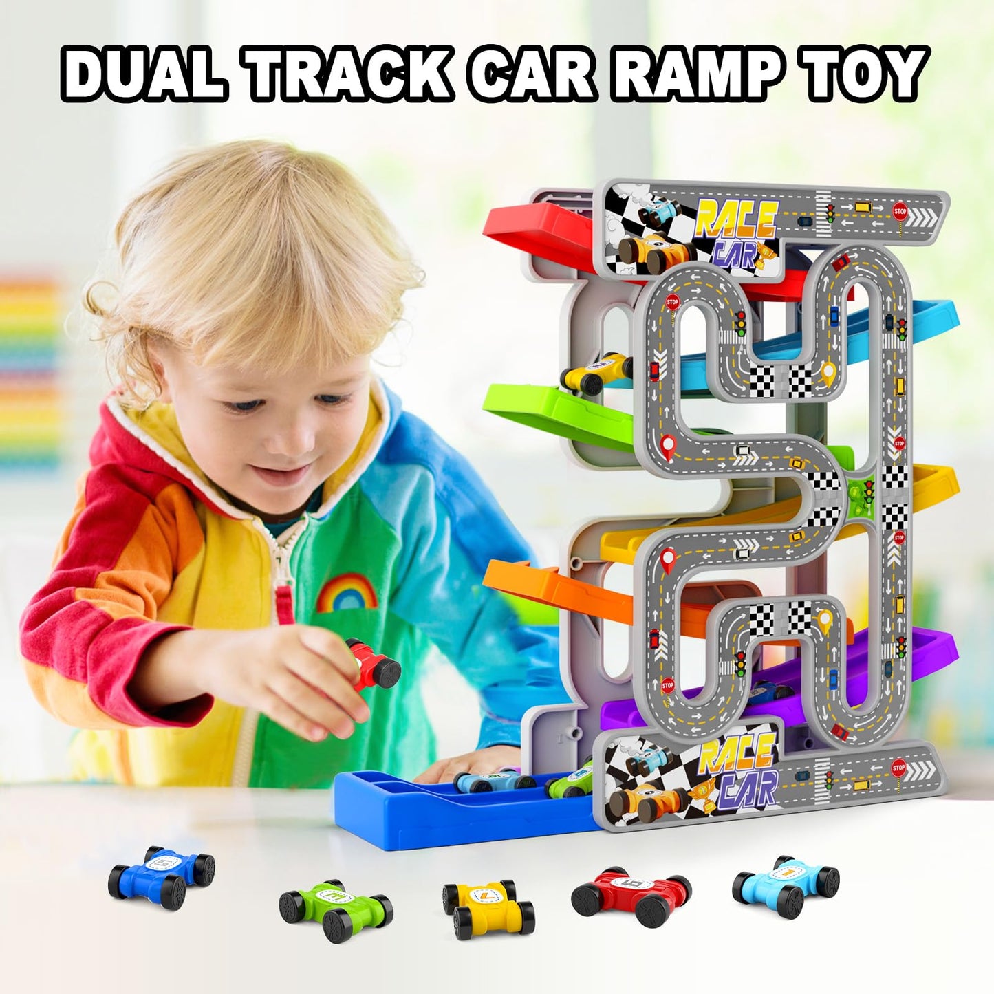 aotipol Double Track Car Ramp Toy for Toddlers 2-3 Years | Montessori Race Set with 10 Mini Cars