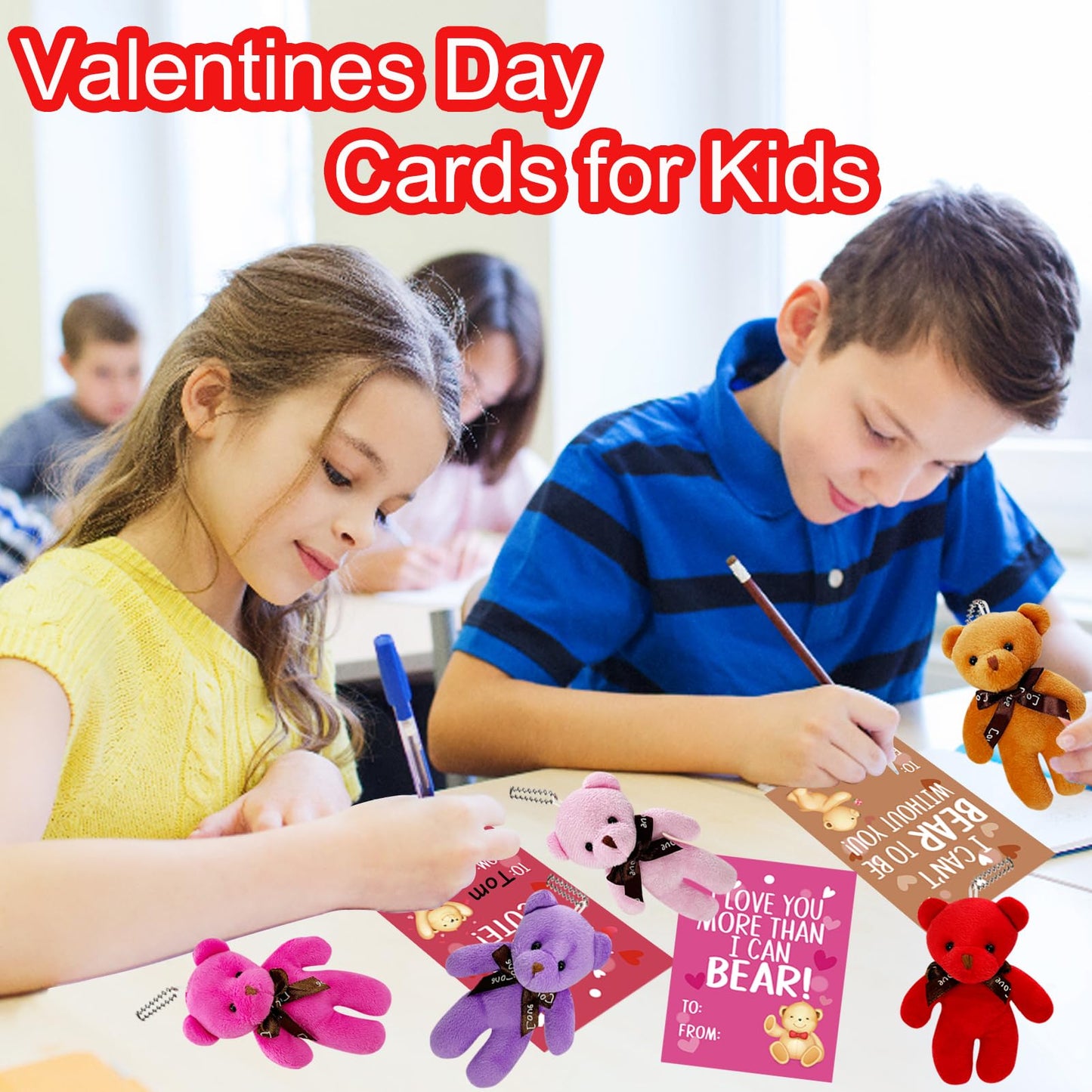 AouEtnay 28-Pack Valentines Plush Bears & Greeting Cards for Classrooms