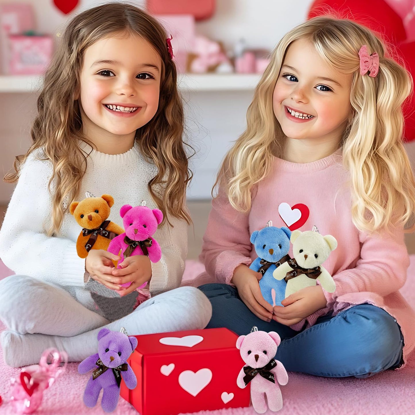 AouEtnay 28-Pack Valentines Plush Bears & Greeting Cards for Classrooms