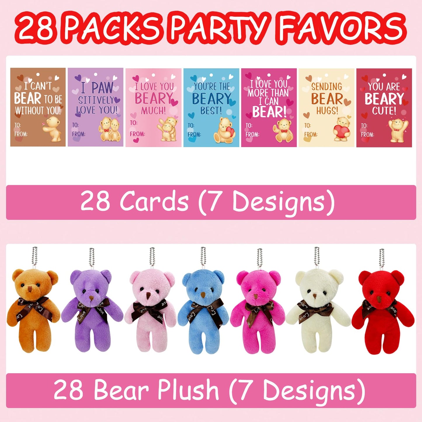 AouEtnay 28-Pack Valentines Plush Bears & Greeting Cards for Classrooms