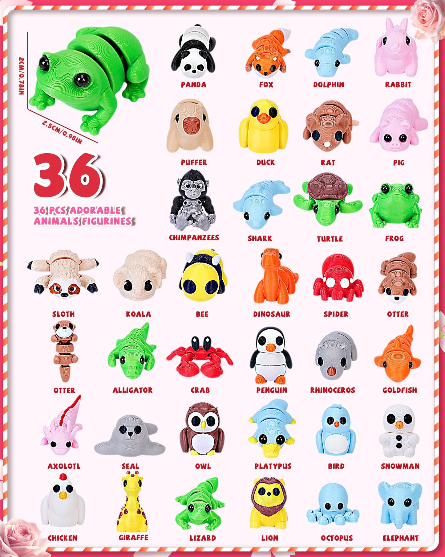 Aousin 36 PCS Mini 3D Printed Animals Figurines Set | Articulated Desk Pets for Kids