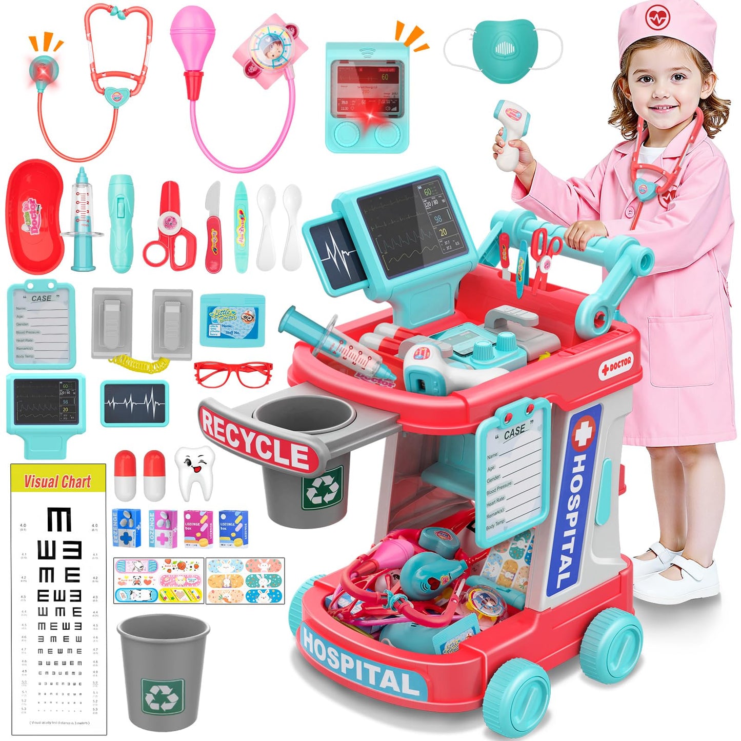 Aowjoy Doctor Kit for Toddlers – Pretend Doctor Play Set with Rolling Cart
