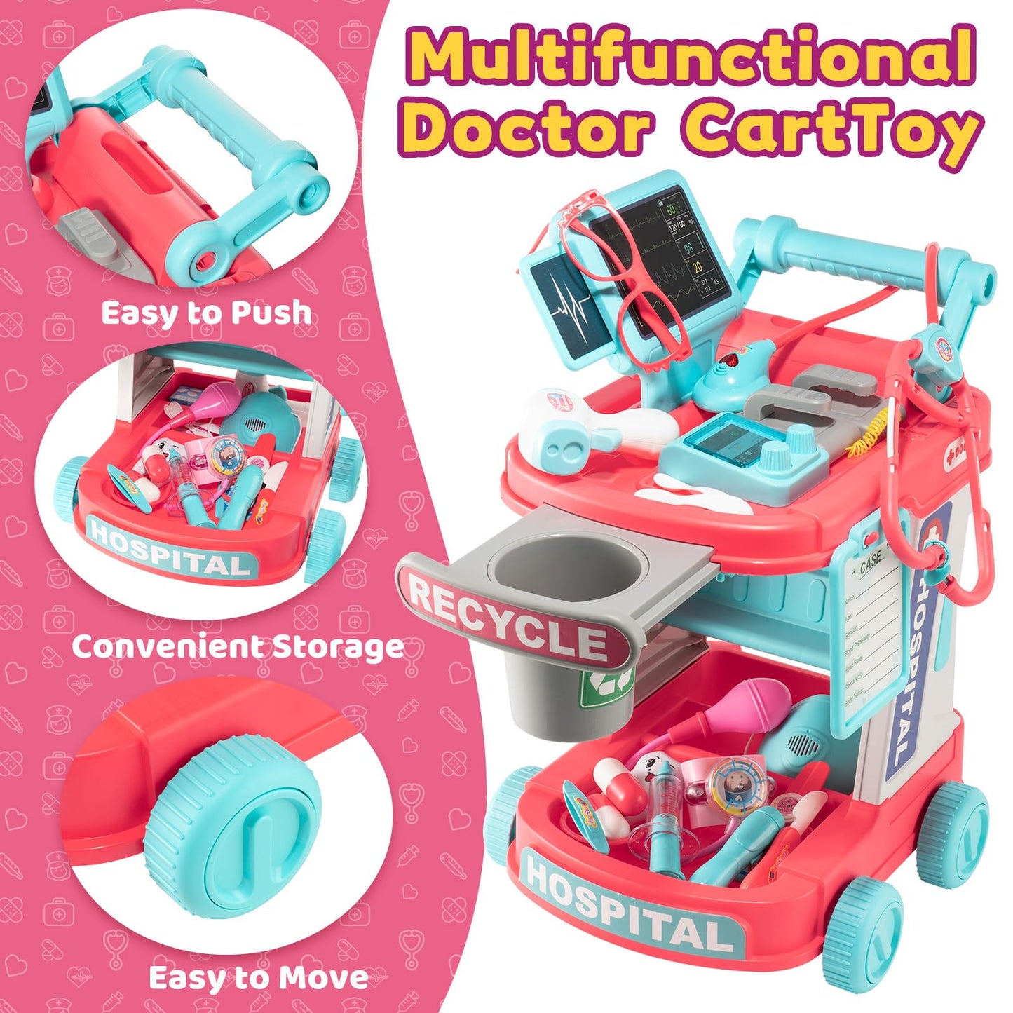 Aowjoy Doctor Kit for Toddlers – Pretend Doctor Play Set with Rolling Cart