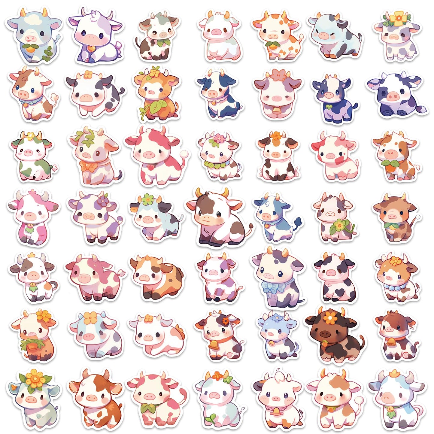Aowplc Cute Cow Stickers | 50 Pcs Kawaii Rainbow Vinyl Decals for Water Bottles & Laptops