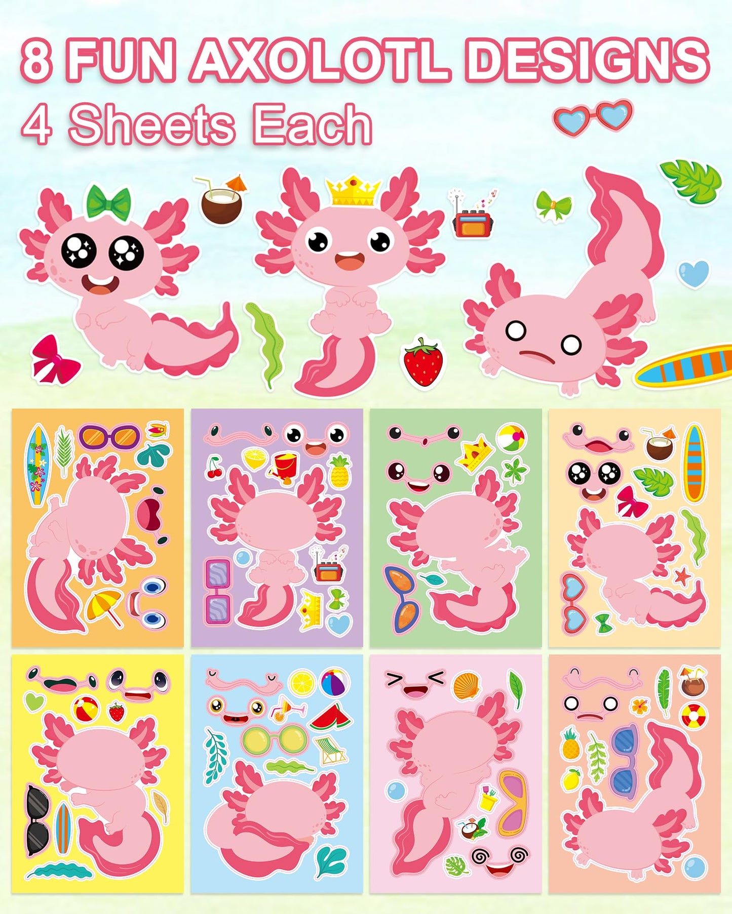Aowplc 32 Sheets Axolotl Make-a-Face Stickers | Mix 'n' Match Crafts for Kids