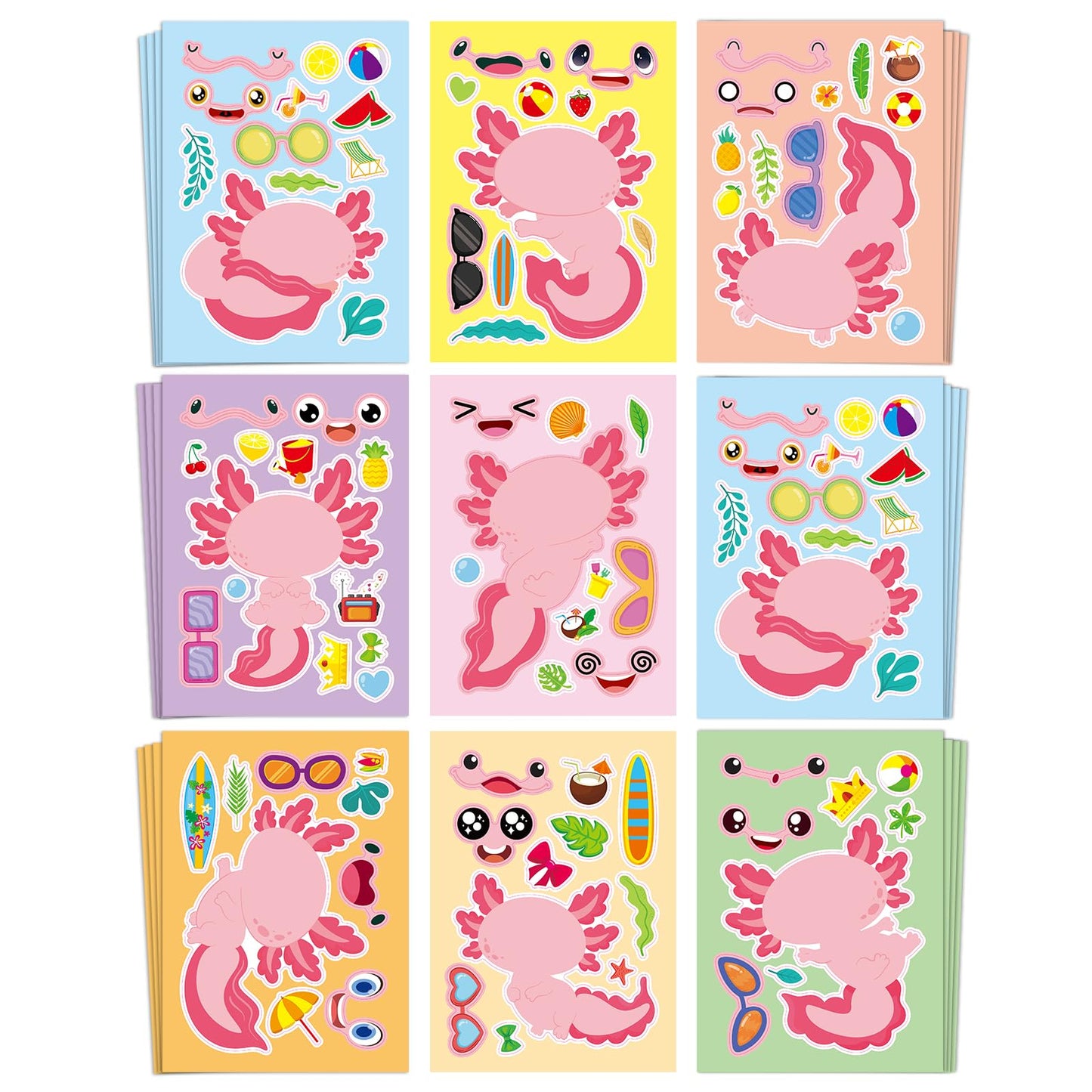 Aowplc 32 Sheets Axolotl Make-a-Face Stickers | Mix 'n' Match Crafts for Kids