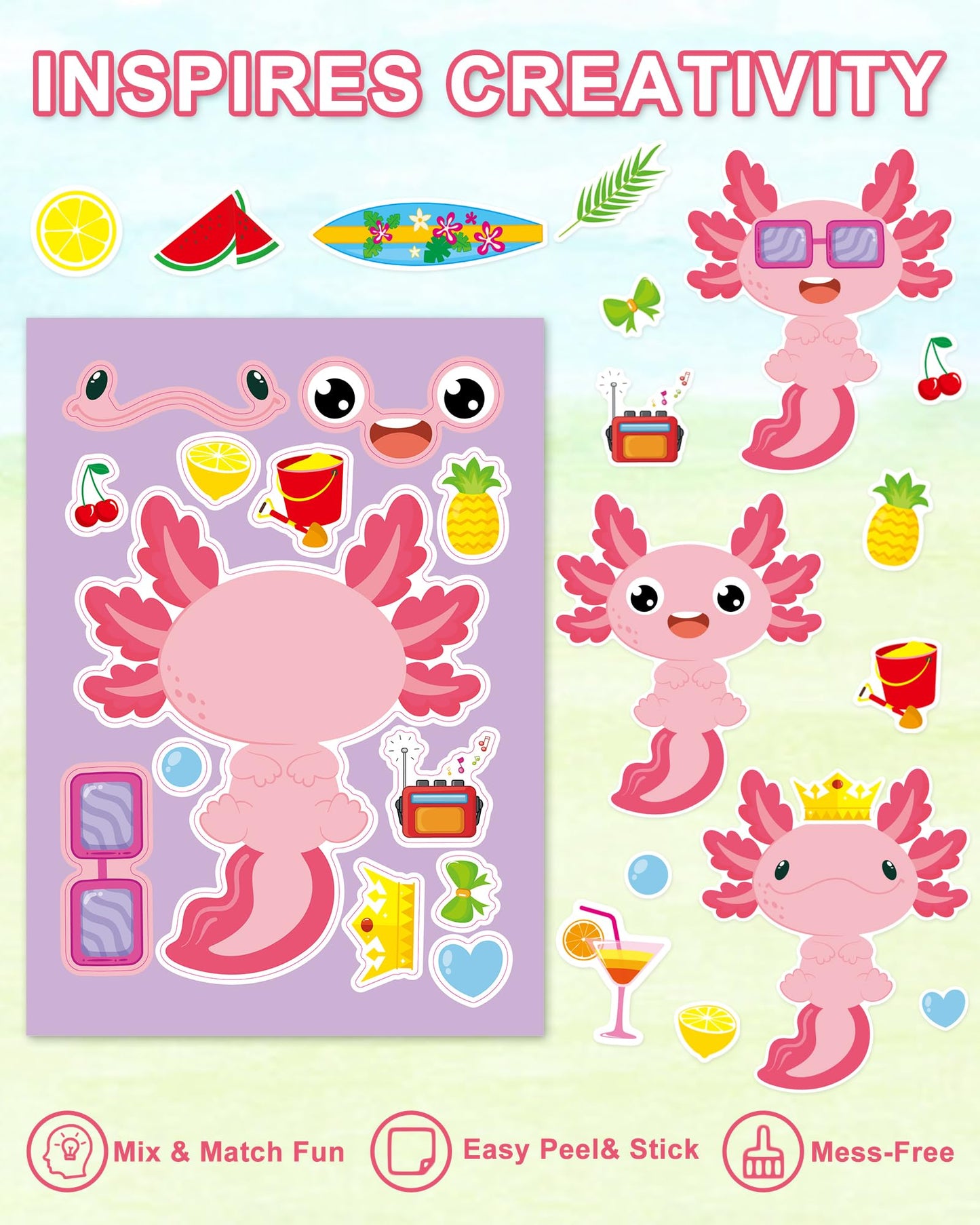 Aowplc 32 Sheets Axolotl Make-a-Face Stickers | Mix 'n' Match Crafts for Kids