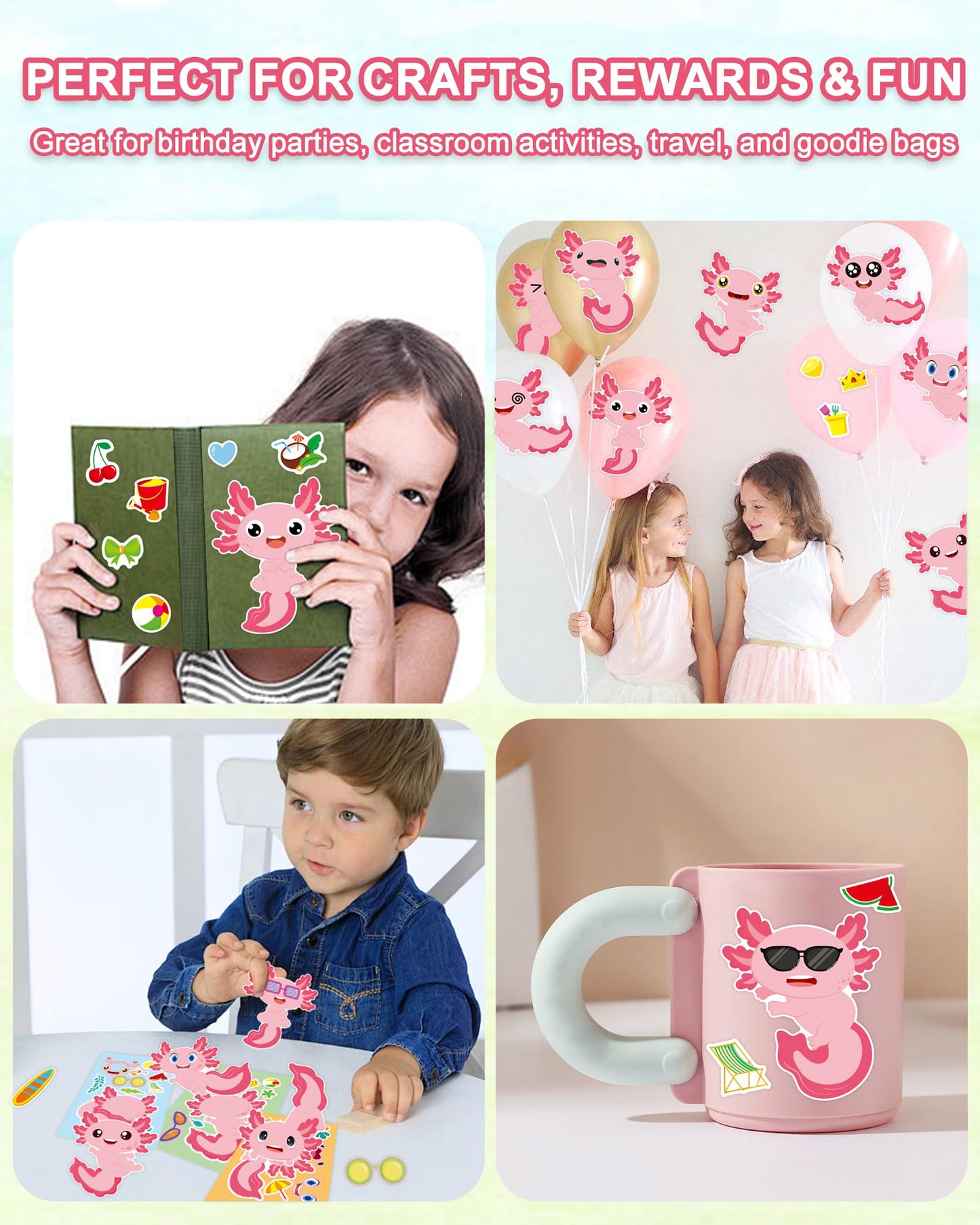 Aowplc 32 Sheets Axolotl Make-a-Face Stickers | Mix 'n' Match Crafts for Kids
