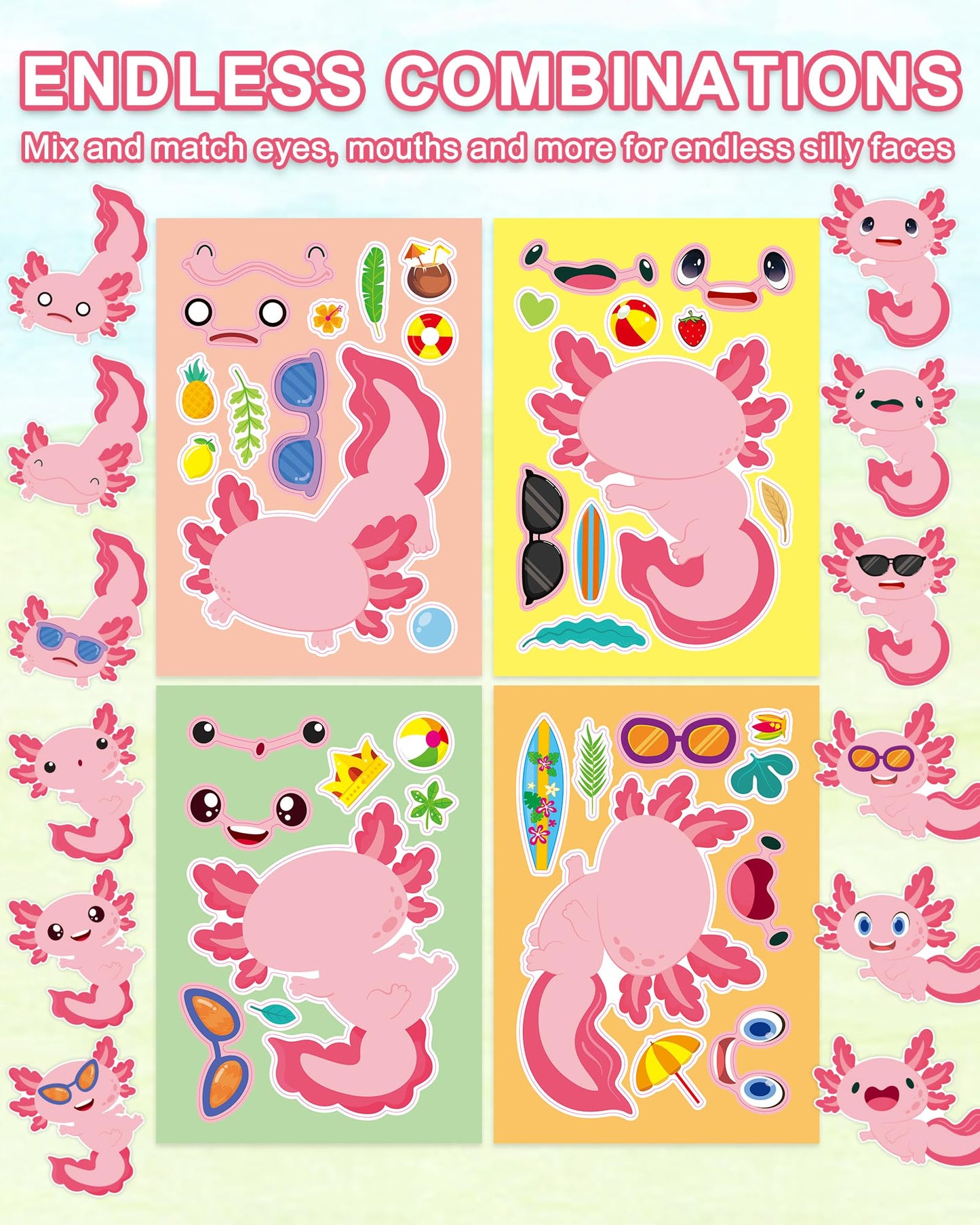 Aowplc 32 Sheets Axolotl Make-a-Face Stickers | Mix 'n' Match Crafts for Kids