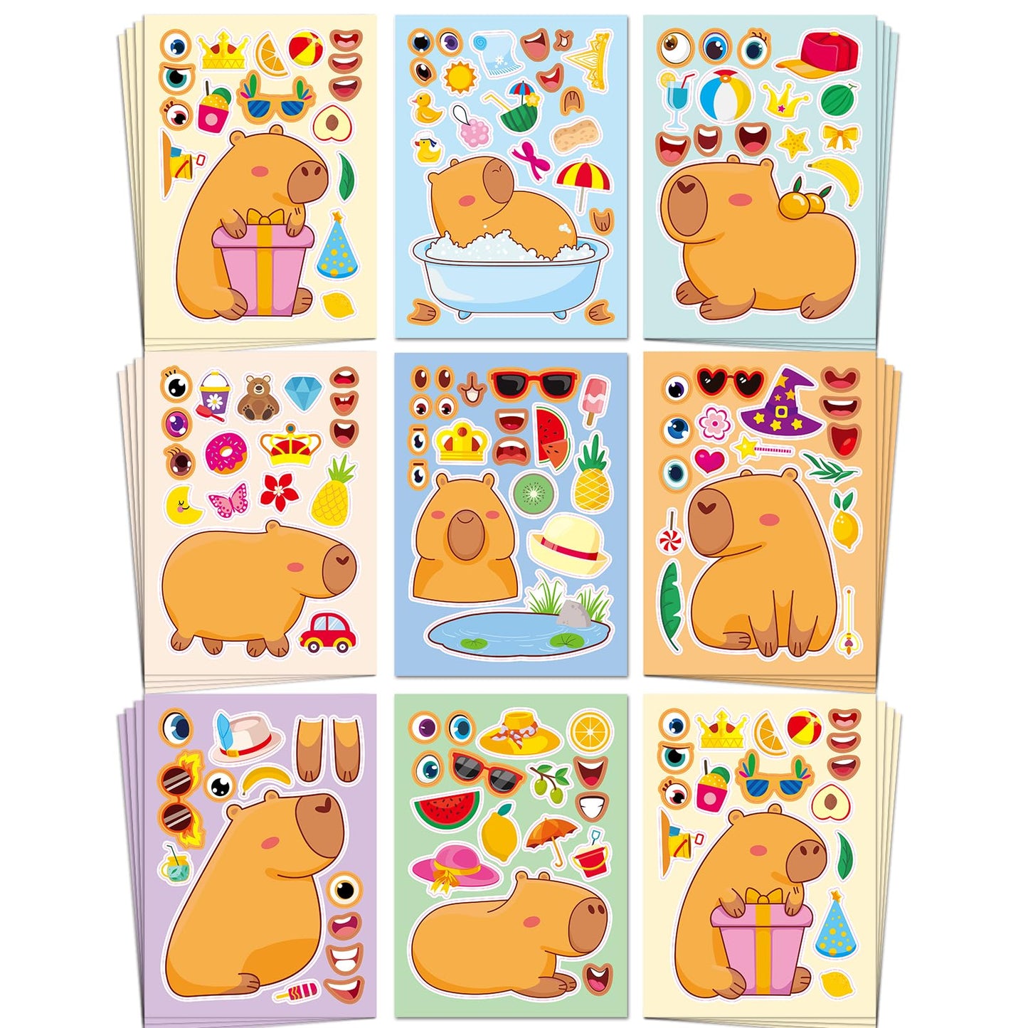 Aowplc Capybara Make-a-Face Stickers – 32 Sheets for Kids' Crafts, Party Favors & Birthday Decor