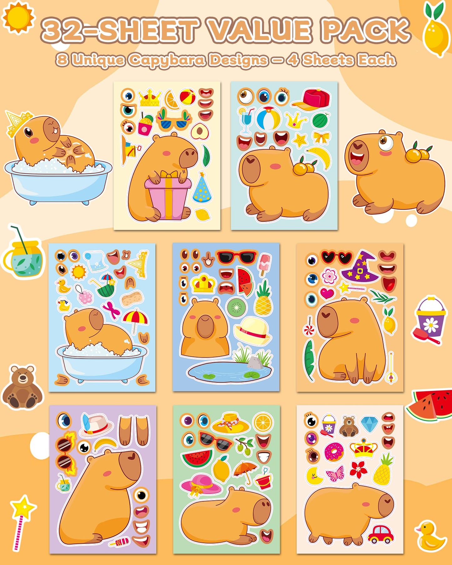 Aowplc Capybara Make-a-Face Stickers – 32 Sheets for Kids' Crafts, Party Favors & Birthday Decor