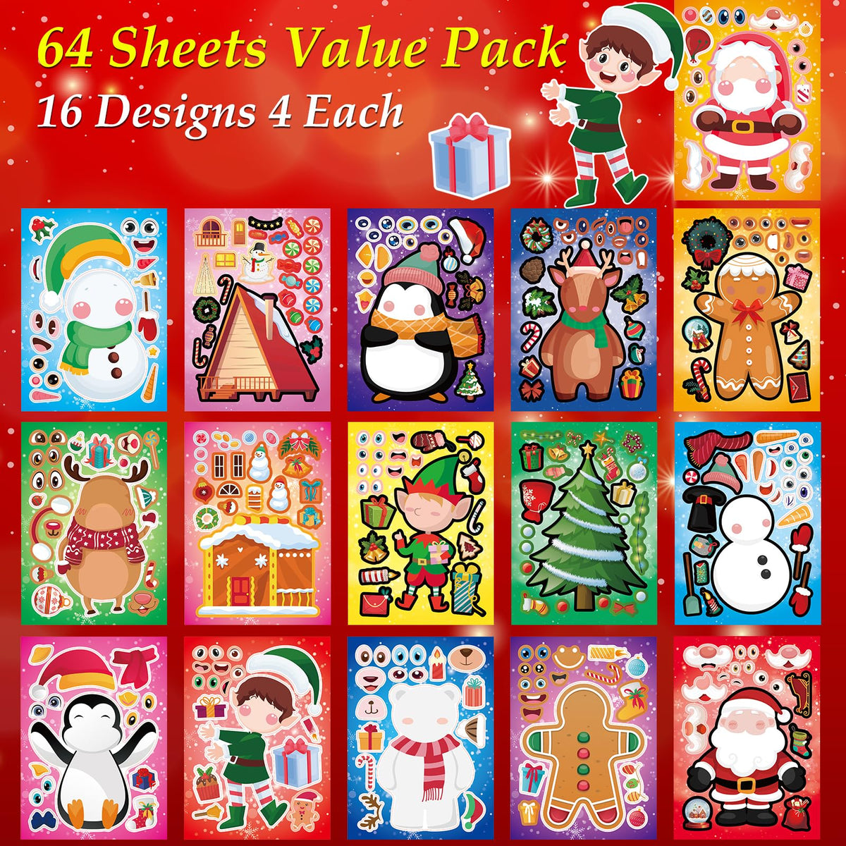 Aowplc Christmas Stickers – 64 Sheets for Kids’ Crafts, Party Favors & Holiday Decor