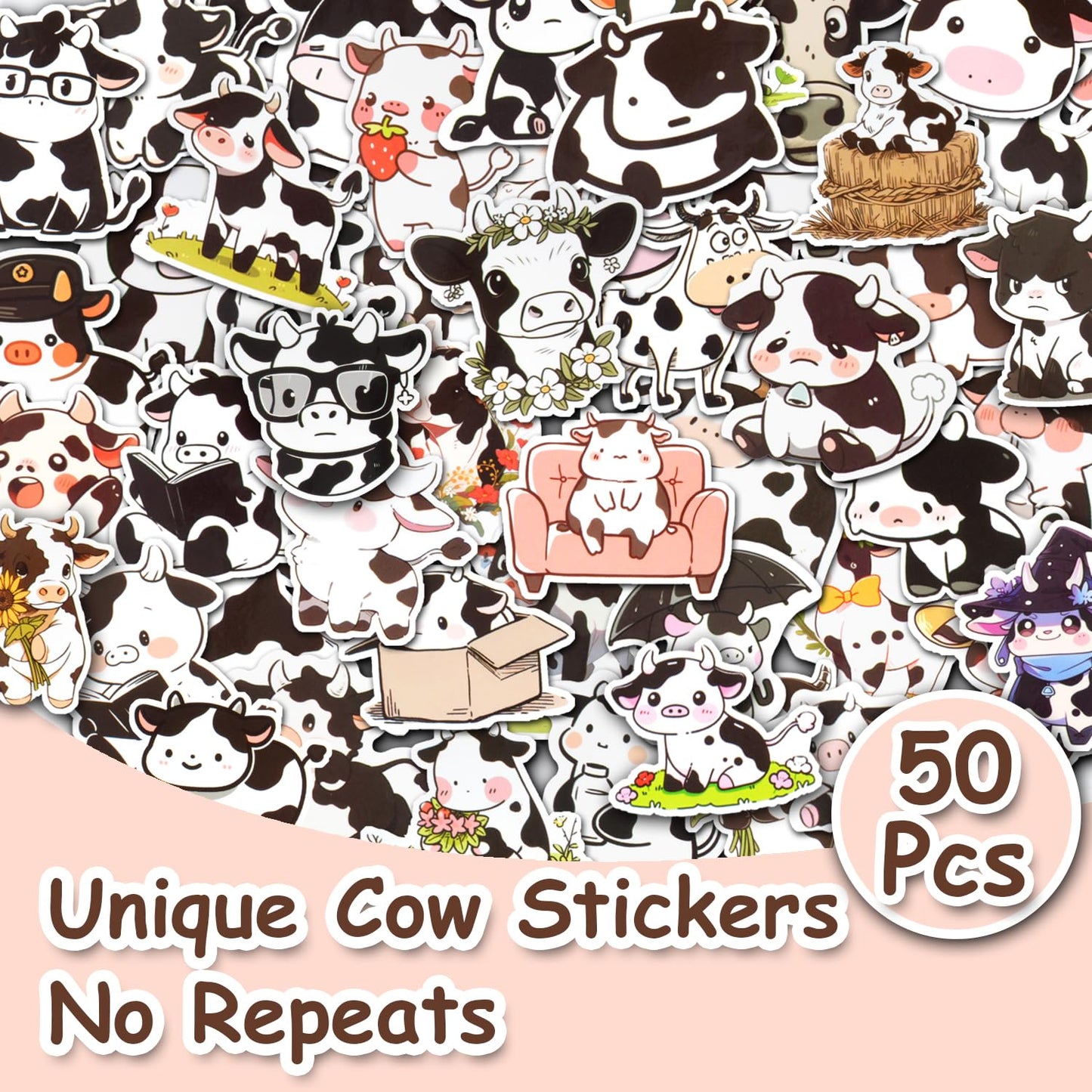 Aowplc 50 PCS Cow Stickers – Waterproof Vinyl Decals for Water Bottles & Laptops