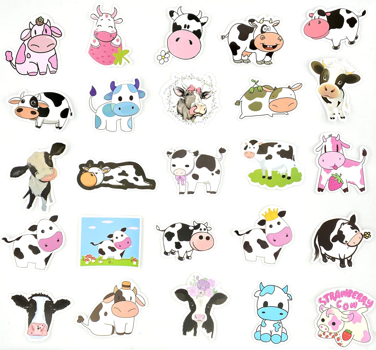 Aowplc 50 Pcs Cow Stickers Pack - Waterproof Vinyl Cartoon Stickers for Kids