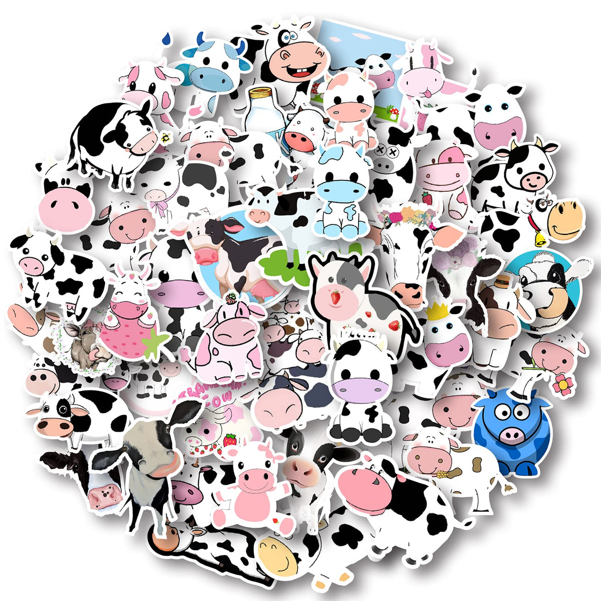 Aowplc 50 Pcs Cow Stickers Pack - Waterproof Vinyl Cartoon Stickers for Kids