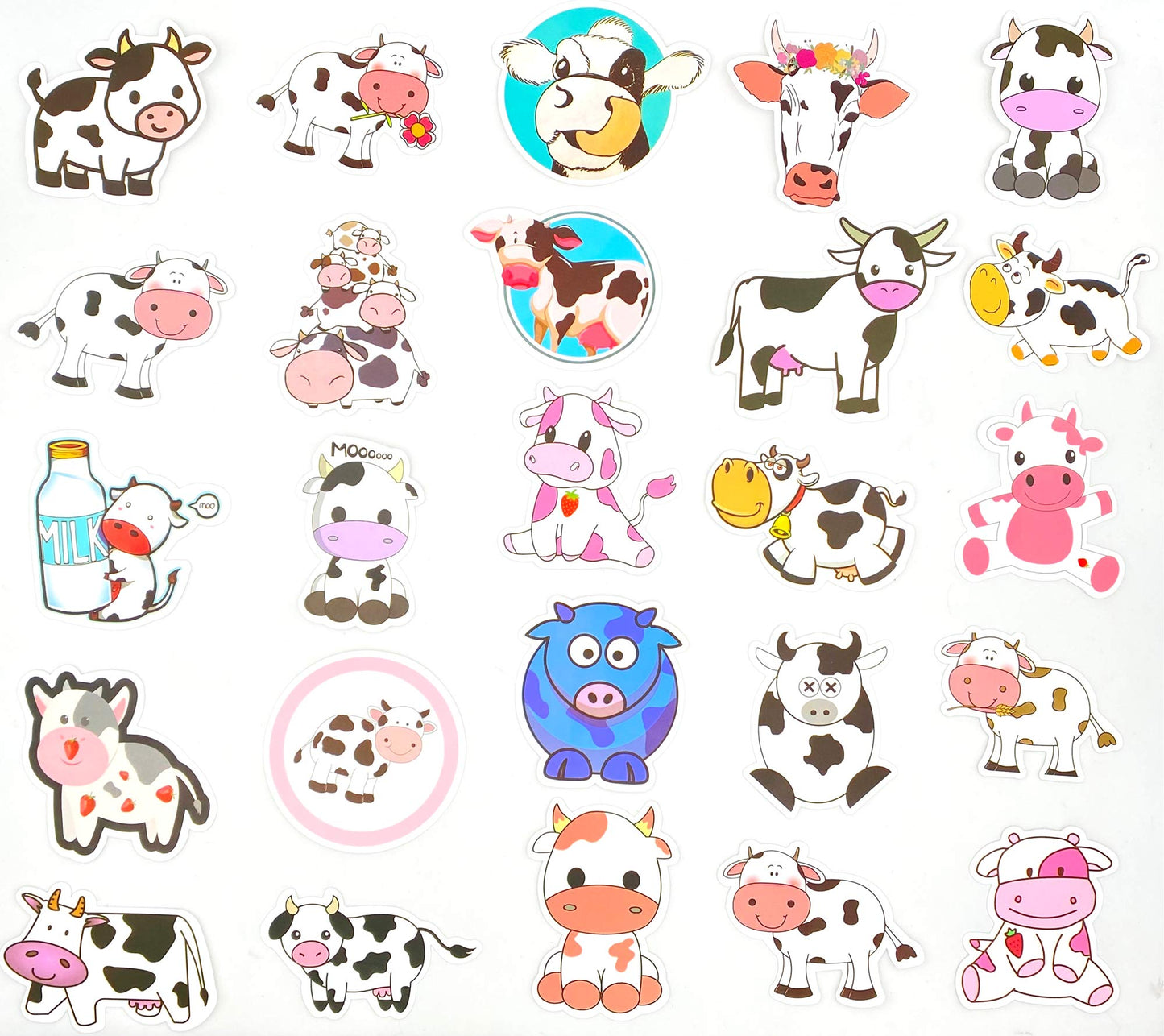 Aowplc 50 Pcs Cow Stickers Pack - Waterproof Vinyl Cartoon Stickers for Kids