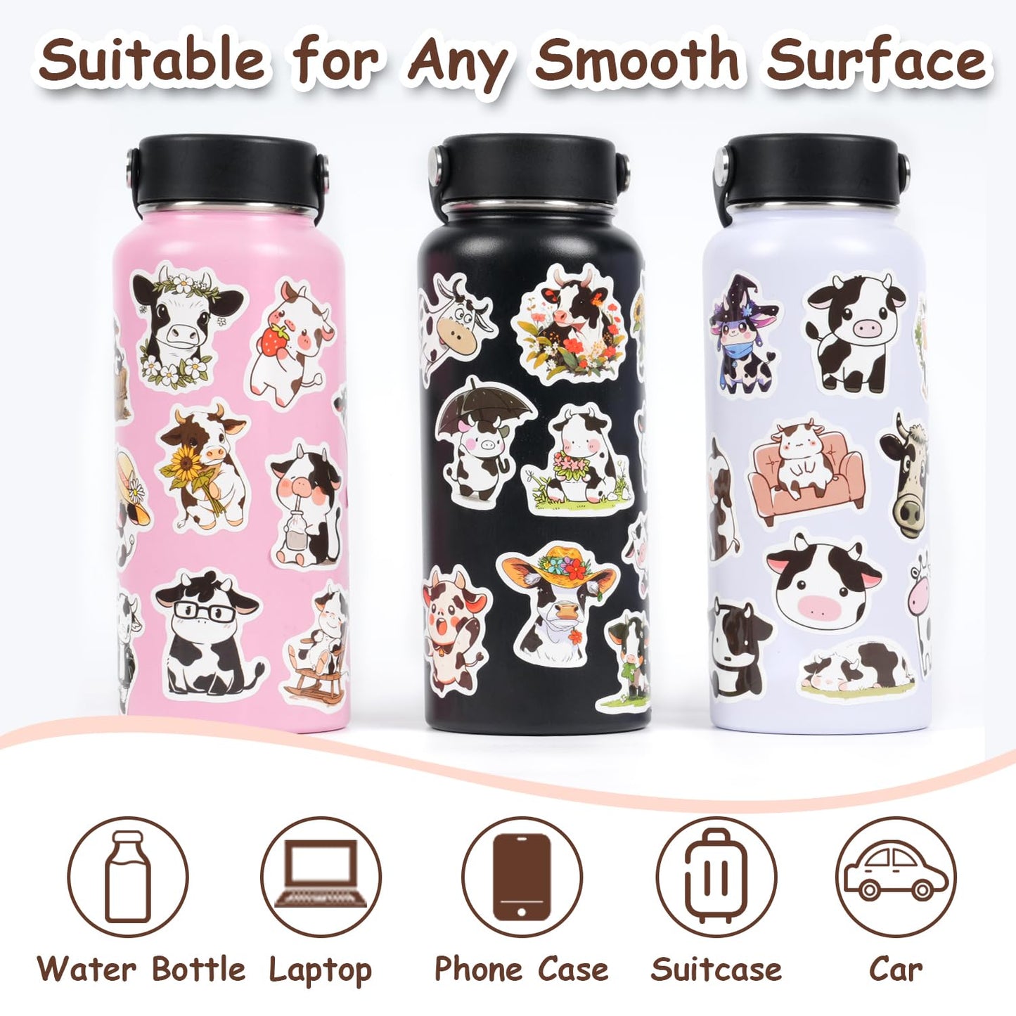 Aowplc 50 PCS Cow Stickers – Waterproof Vinyl Decals for Water Bottles & Laptops