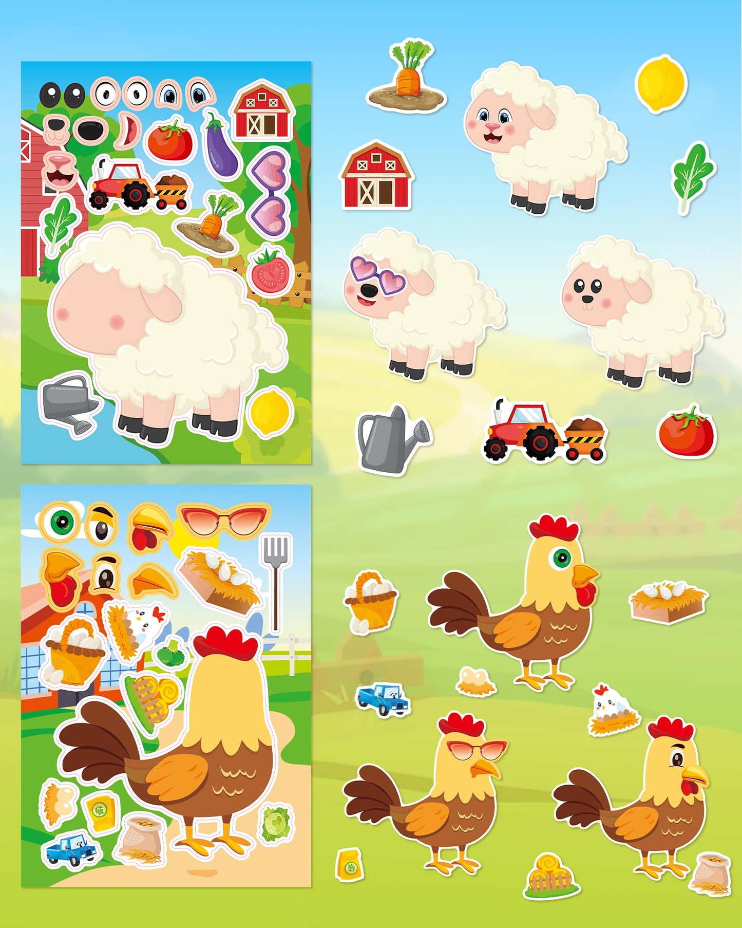 Aowplc 48 Sheets Farm Animal Make‑a‑Face Stickers – 12 Mix‑and‑Match Designs for Kids, Parties & Crafts