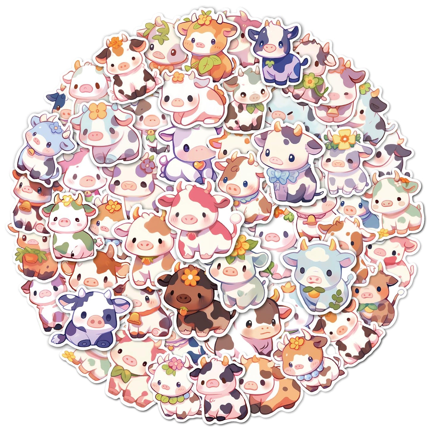 Aowplc Cute Cow Stickers | 50 Pcs Kawaii Rainbow Vinyl Decals for Water Bottles & Laptops