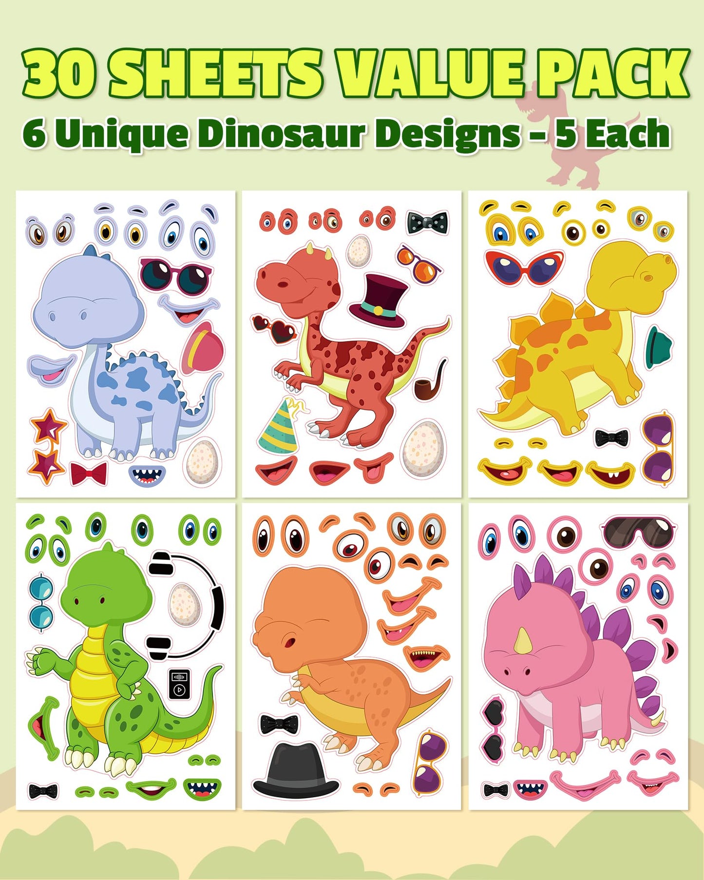Aowplc 30 Sheets Dinosaur Stickers – Mix and Match Creative Crafts for Kids, Party Favors & Activities