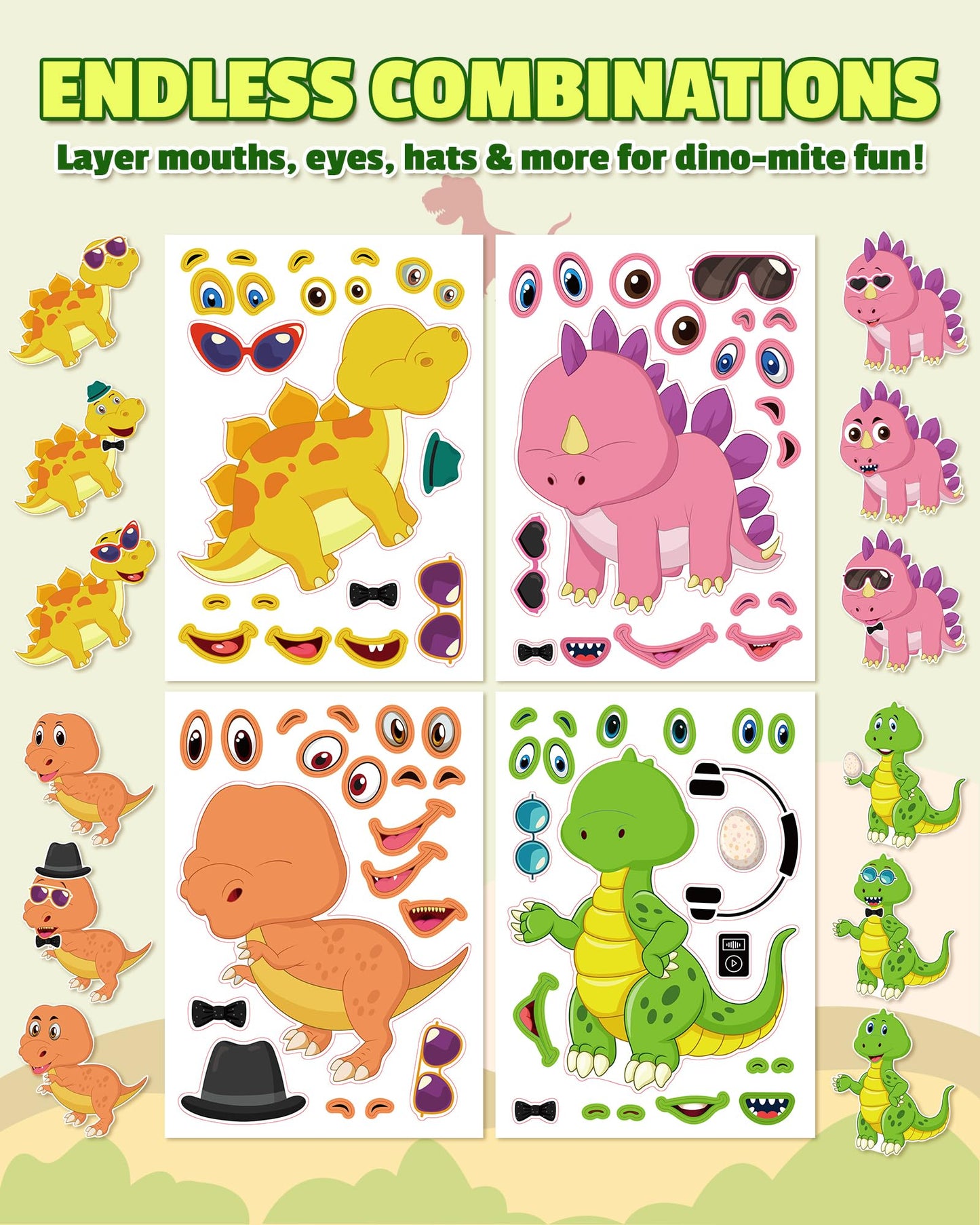 Aowplc 30 Sheets Dinosaur Stickers – Mix and Match Creative Crafts for Kids, Party Favors & Activities