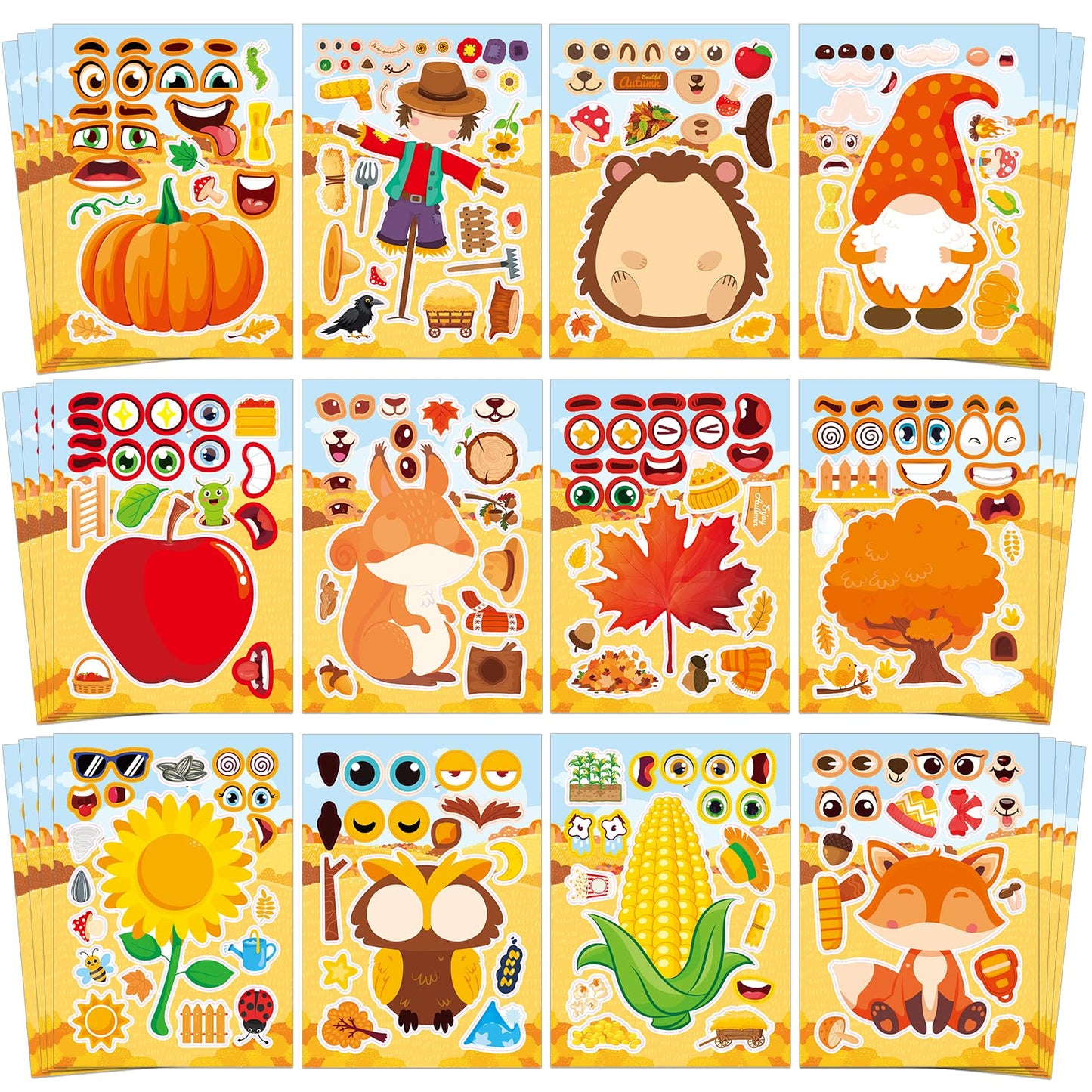 Aowplc 48 Sheets Fall Face Stickers – 12 Designs for Kids’ Crafts, Classroom Activities & Party Favors