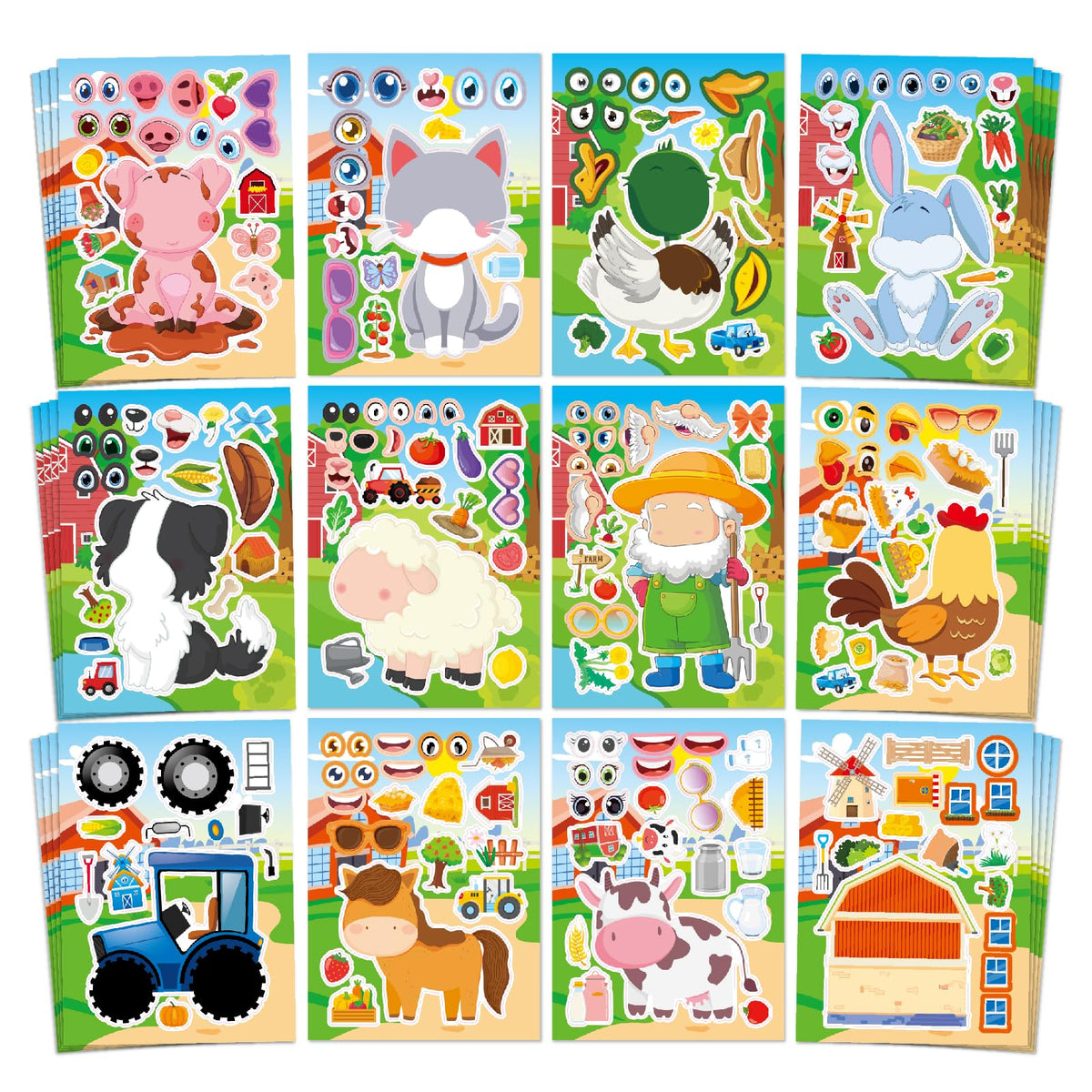 Aowplc 48 Sheets Farm Animal Make‑a‑Face Stickers – 12 Mix‑and‑Match Designs for Kids, Parties & Crafts