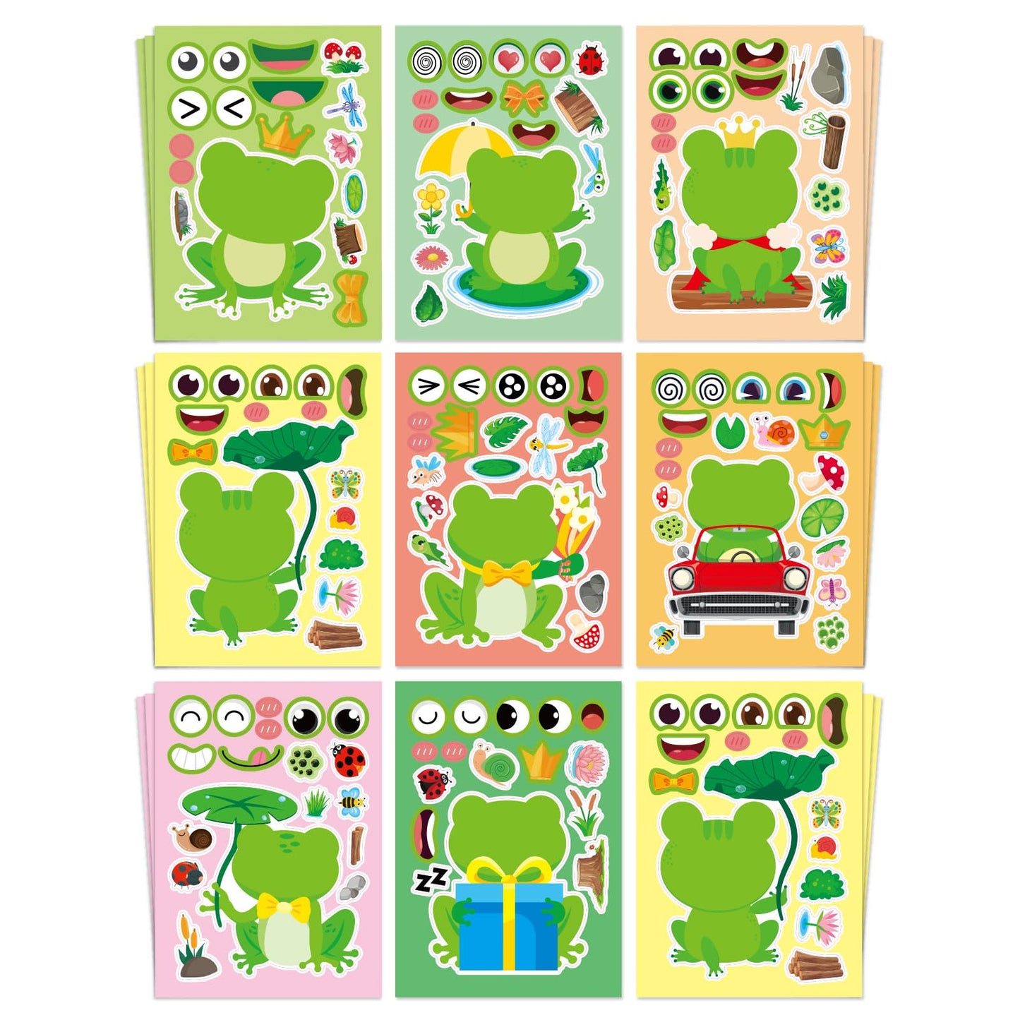 Aowplc 32 Sheets Frog Make-a-Face Stickers for Kids – 8 Designs for Creative Play