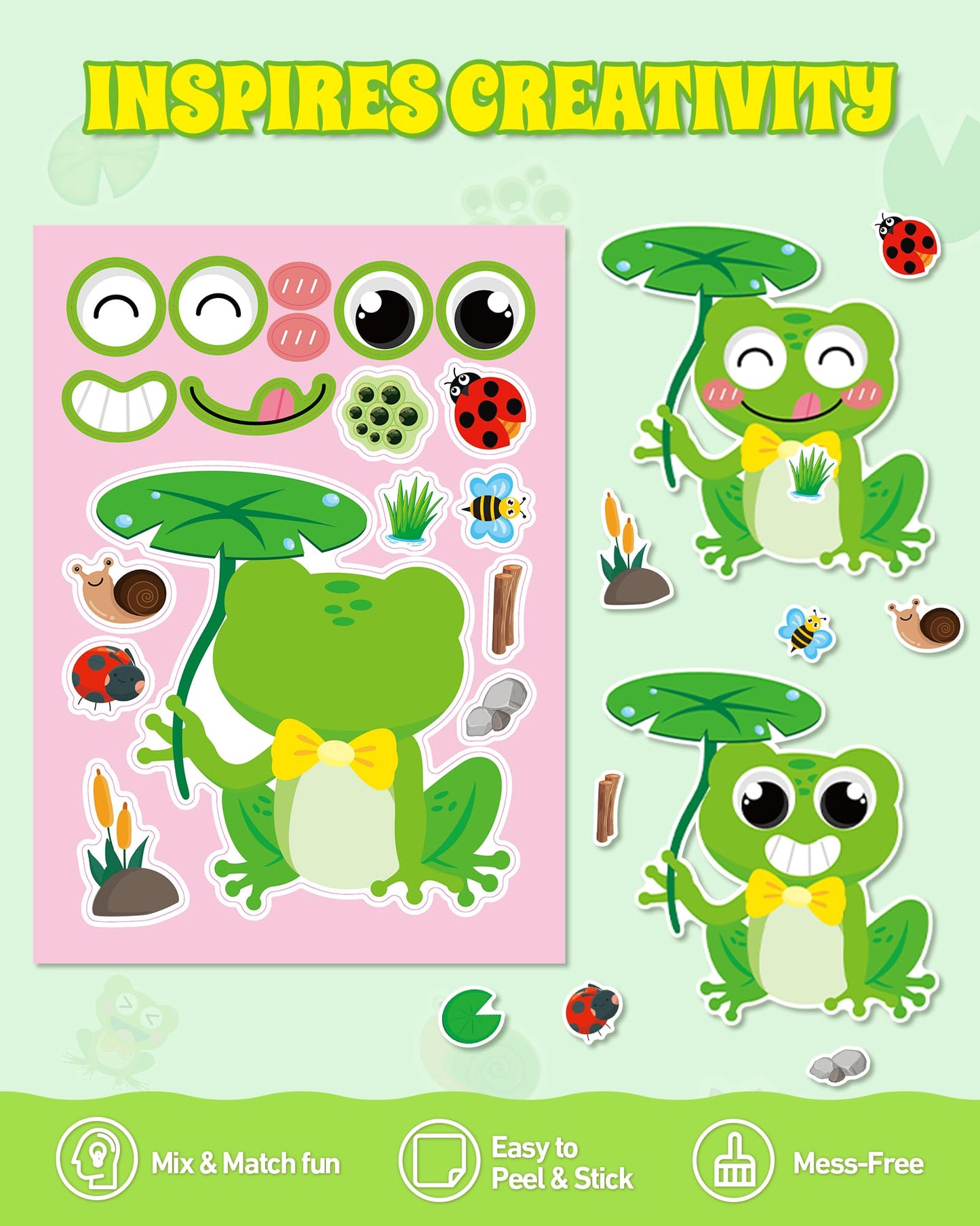 Aowplc 32 Sheets Frog Make-a-Face Stickers for Kids – 8 Designs for Creative Play