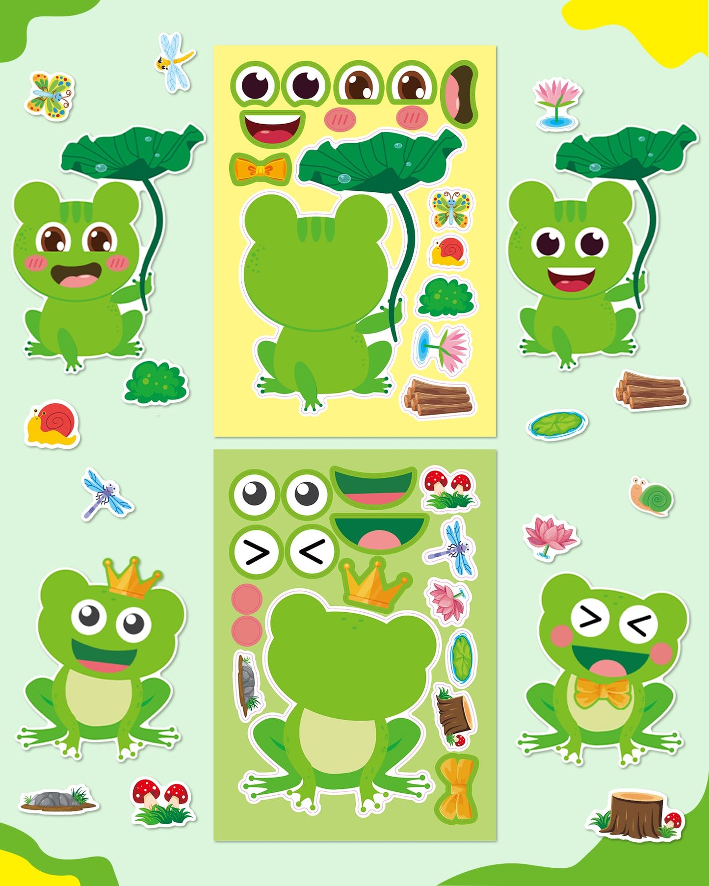 Aowplc 32 Sheets Frog Make-a-Face Stickers for Kids – 8 Designs for Creative Play